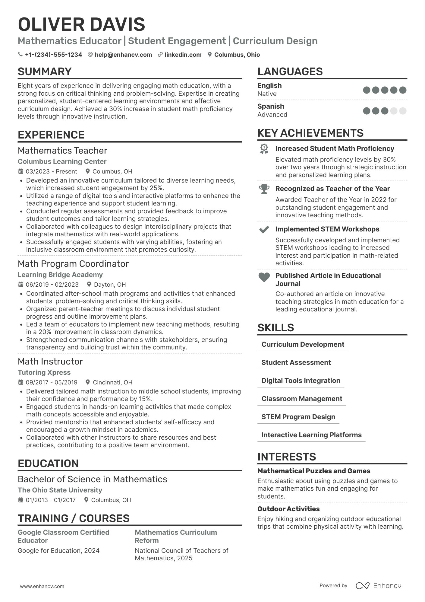 A resume example of a After School Math Teacher