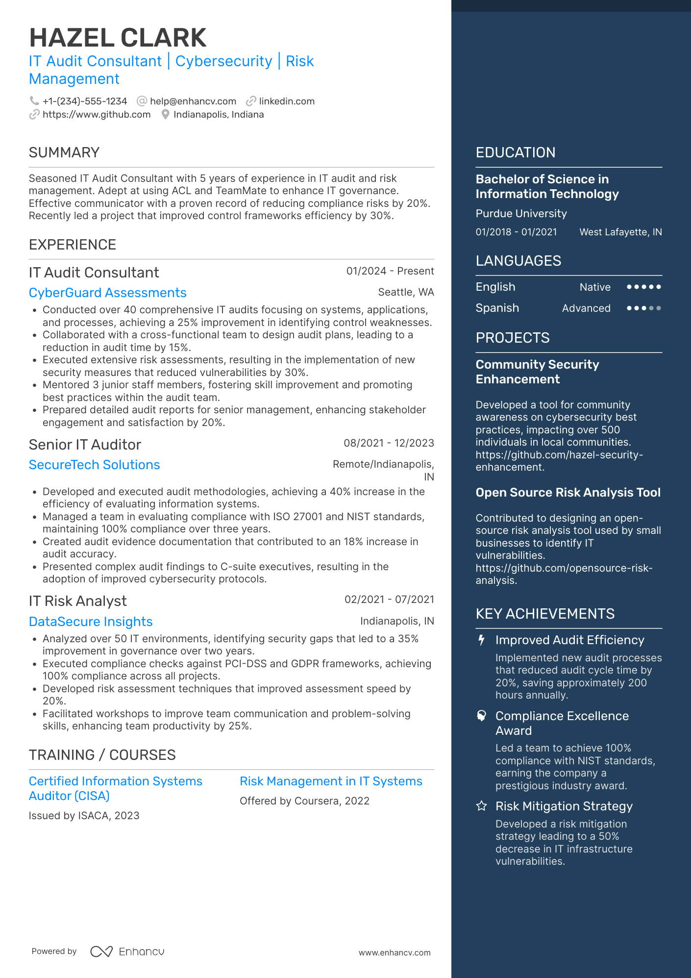 A resume example of a IT Audit Consultant