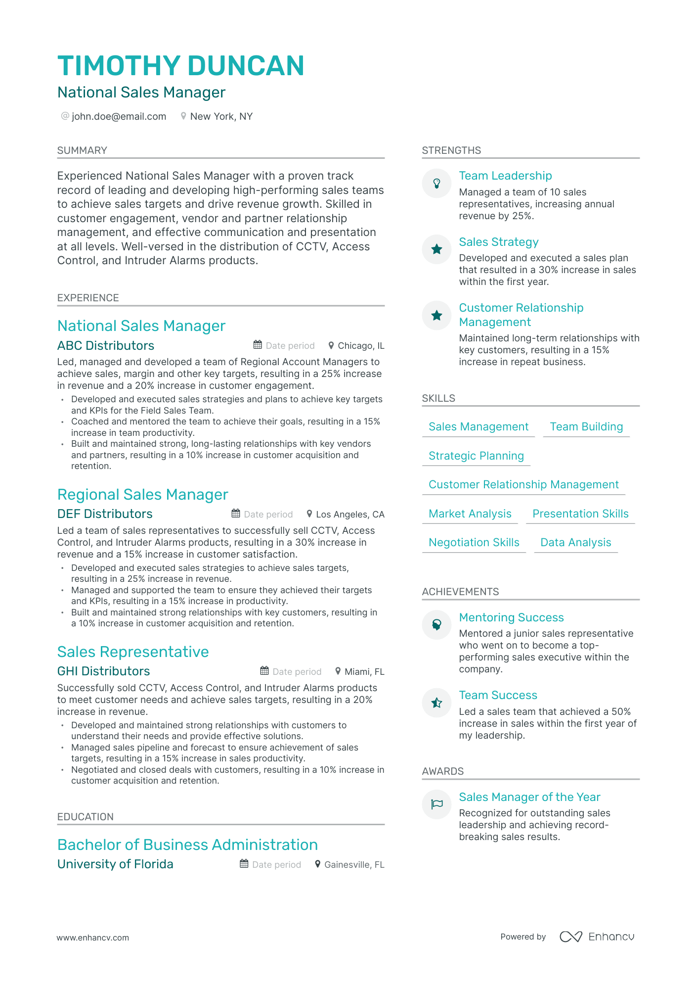 Modern National Sales Manager Resume Template