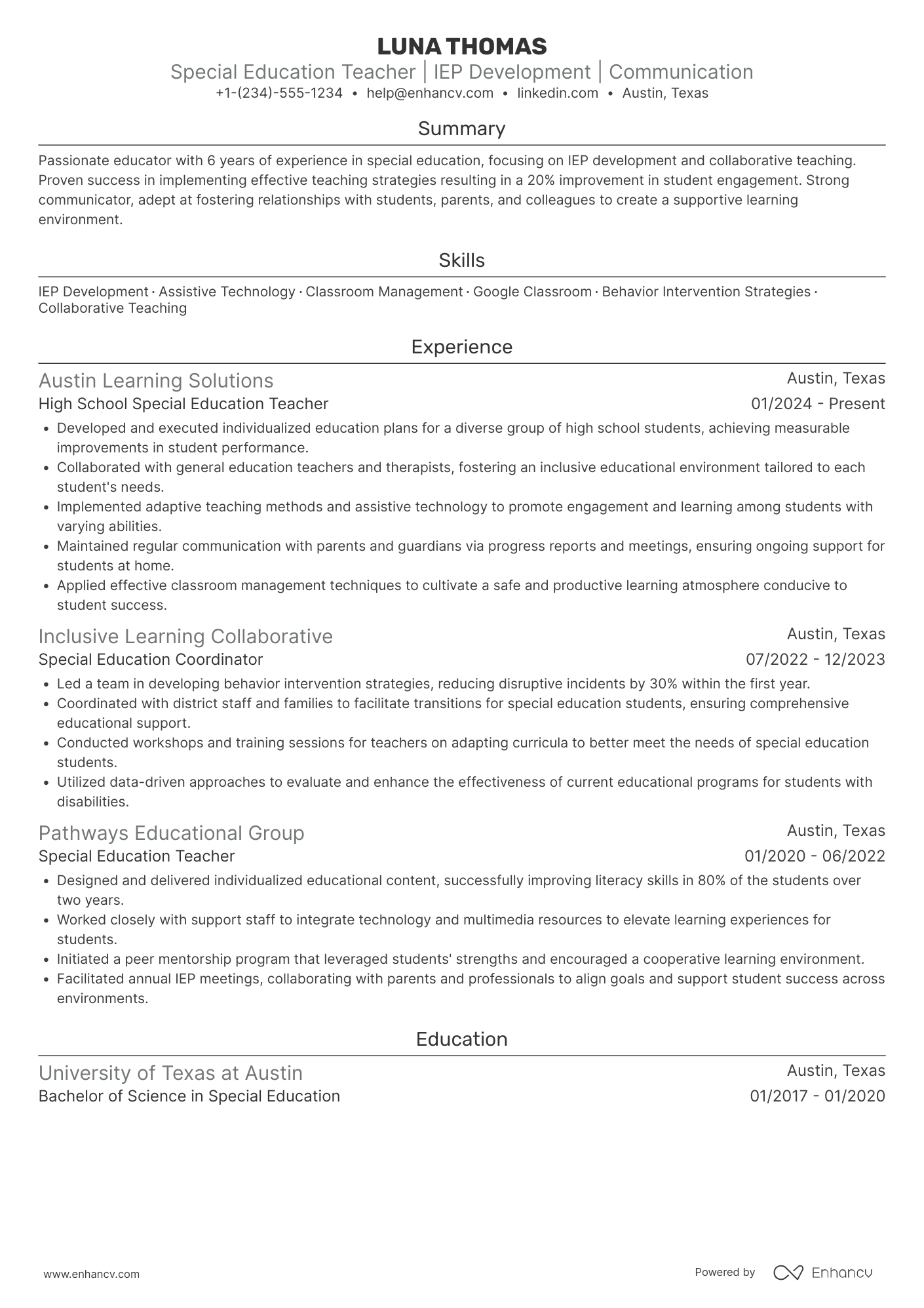 A resume example of a High School Special Education Teacher