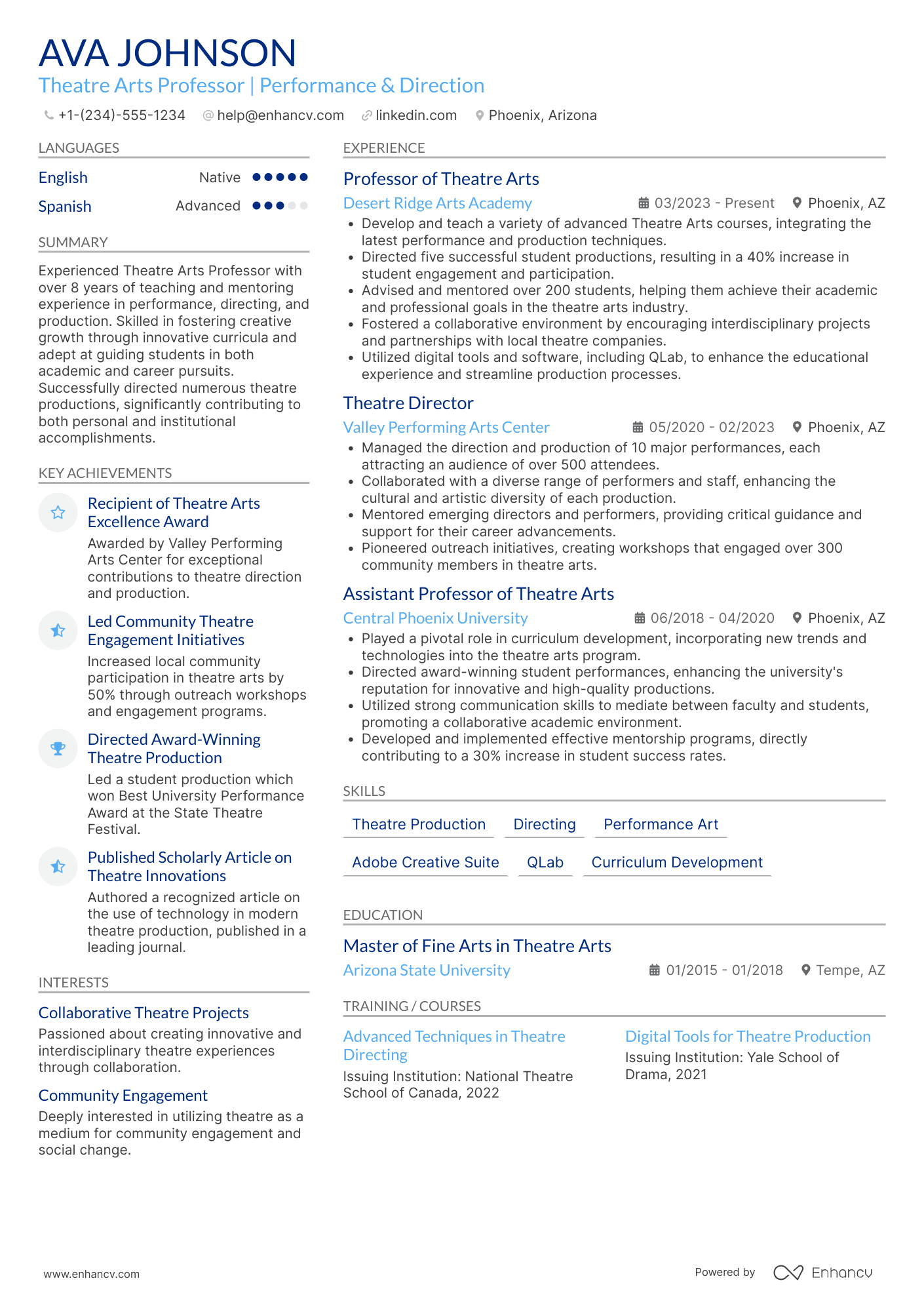 A resume example of a Professor of Theatre Arts