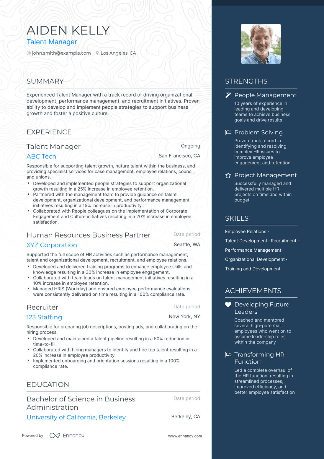 One Page Talent Manager Resume Template