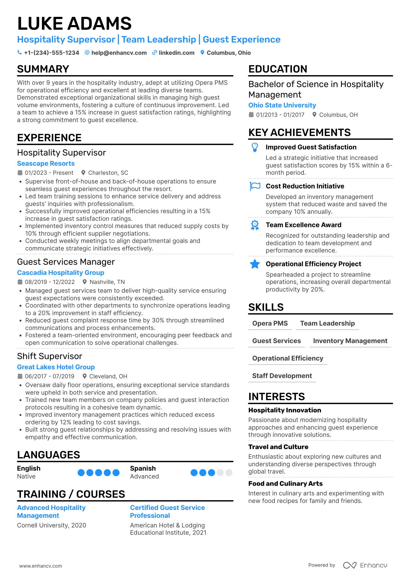 A resume example of a Hospitality Supervisor