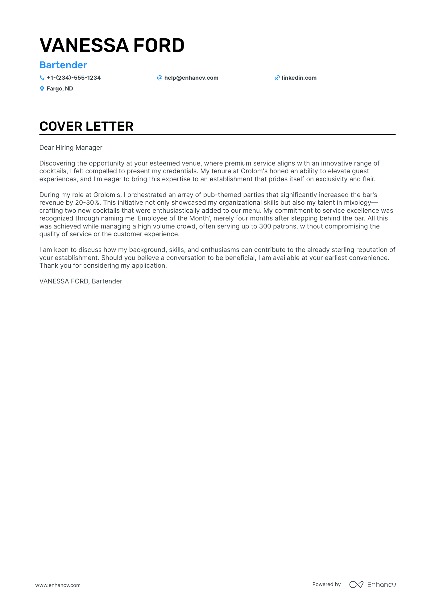cover letter examples for bartender