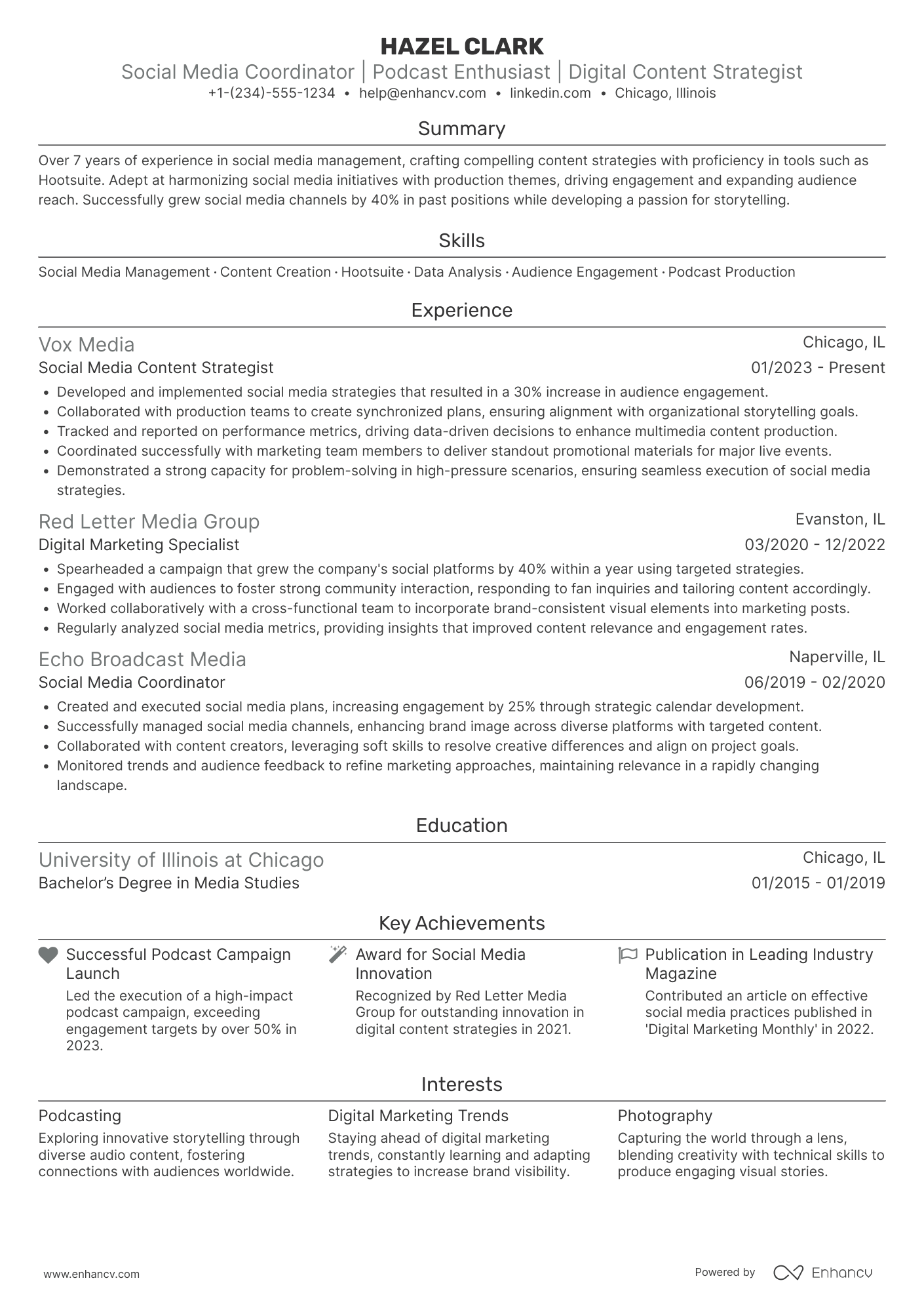 A resume example of a Podcaster Social Media Coordinator