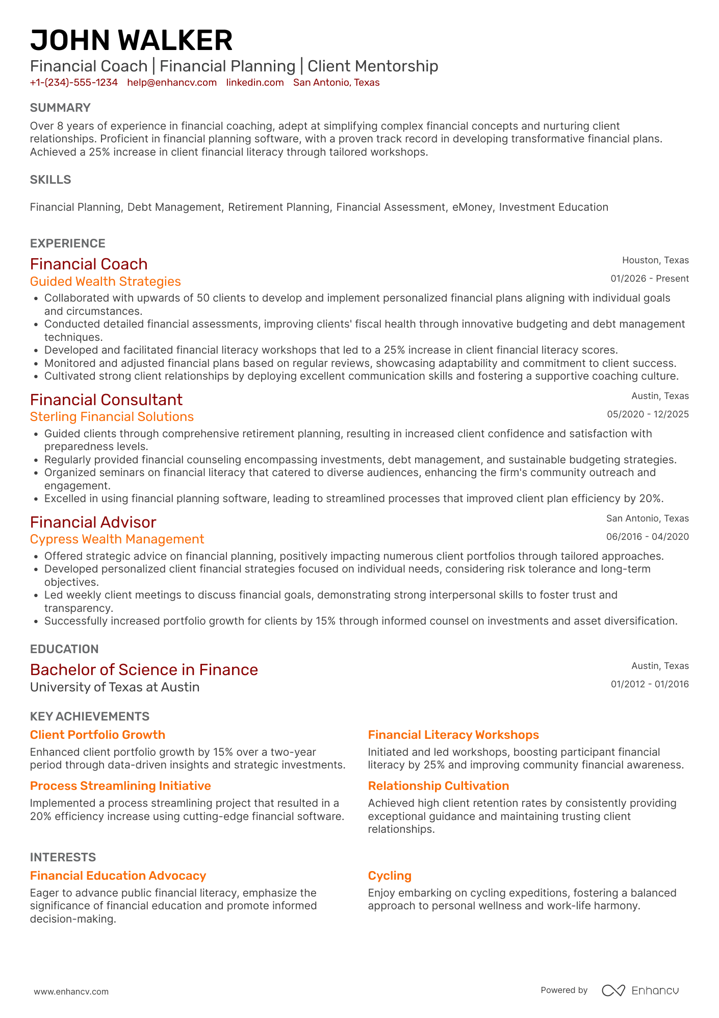 A resume example of a Financial Life Coach