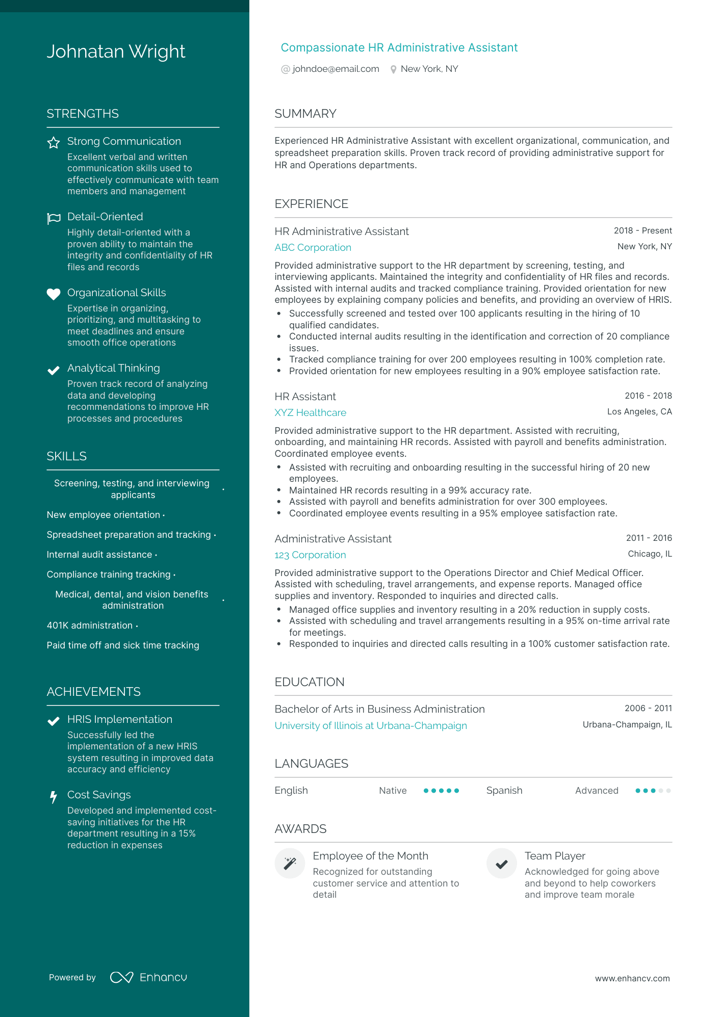 A resume example of a HR Administrative Assistant