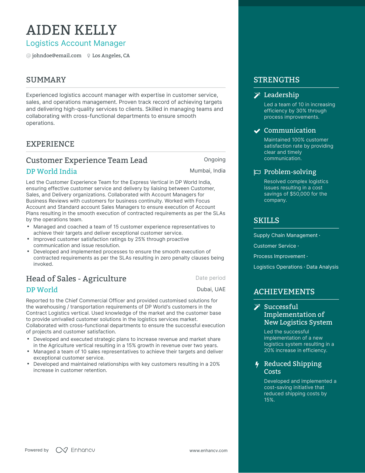 One Page Logistics Account Manager Resume Template