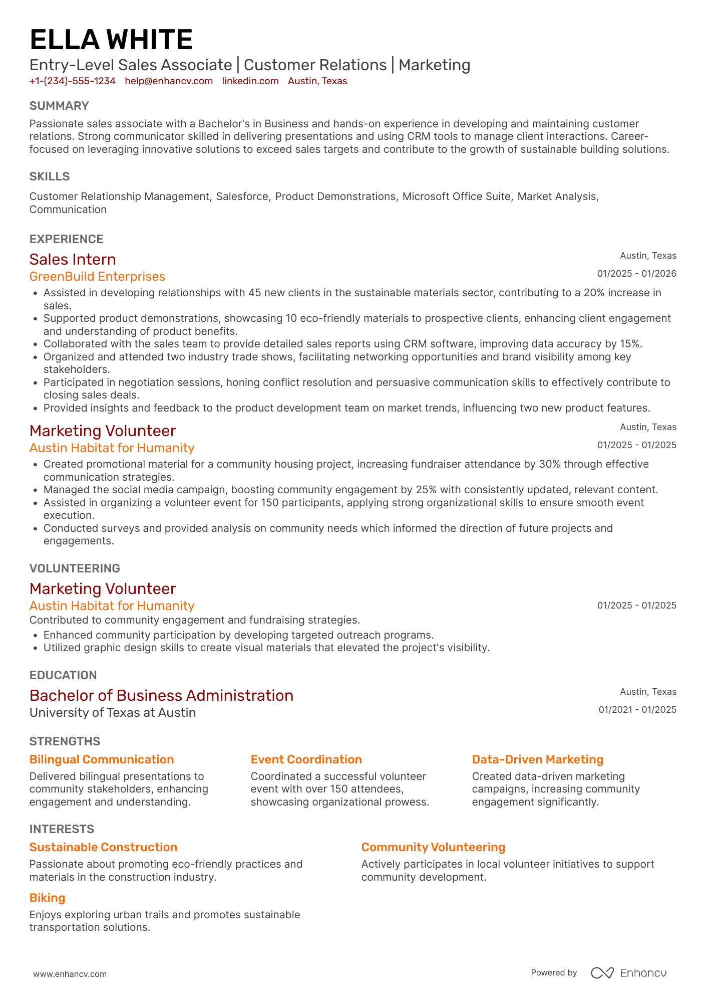 A resume example of a Entry Level Outside Sales Associate
