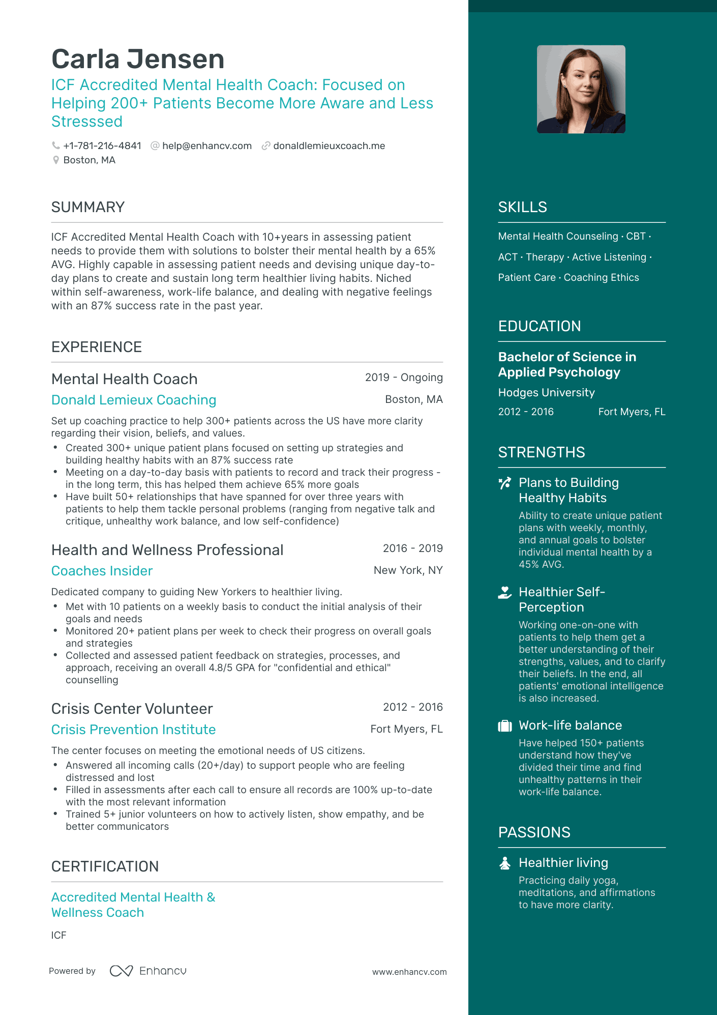 One Page Mental Health Coach Resume Template