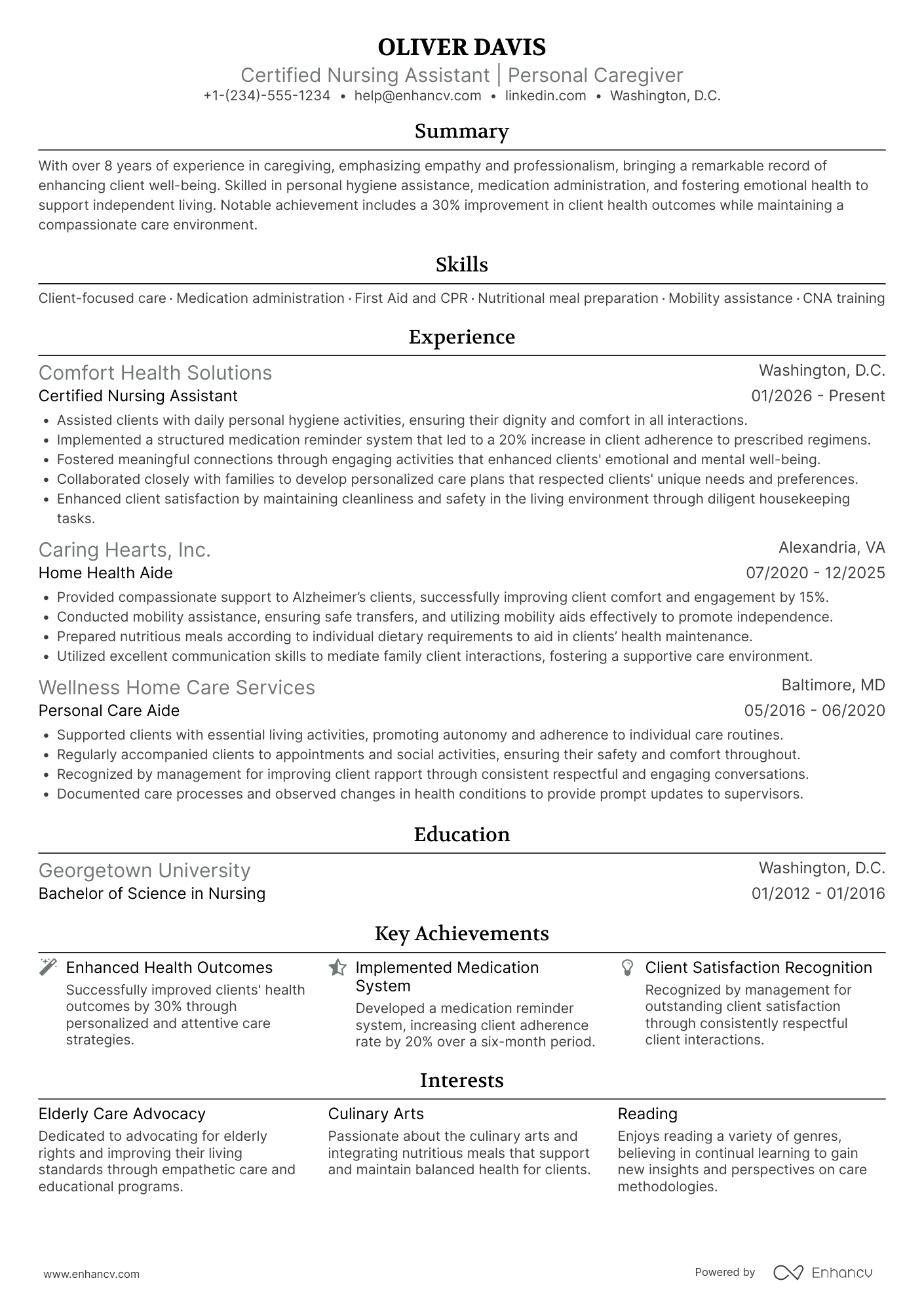 A resume example of a Personal Caregiver