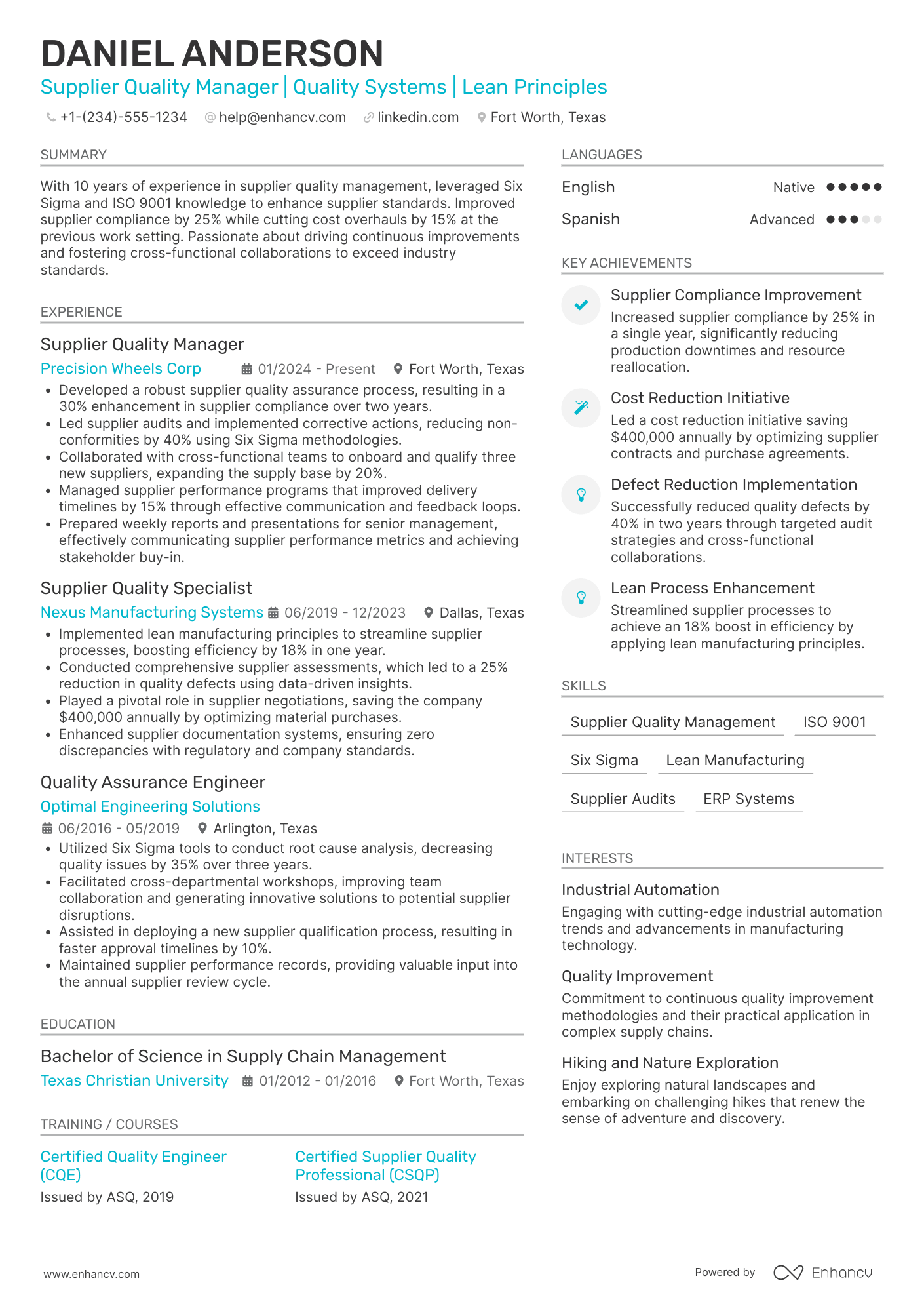 A resume example of a Supplier Quality Manager