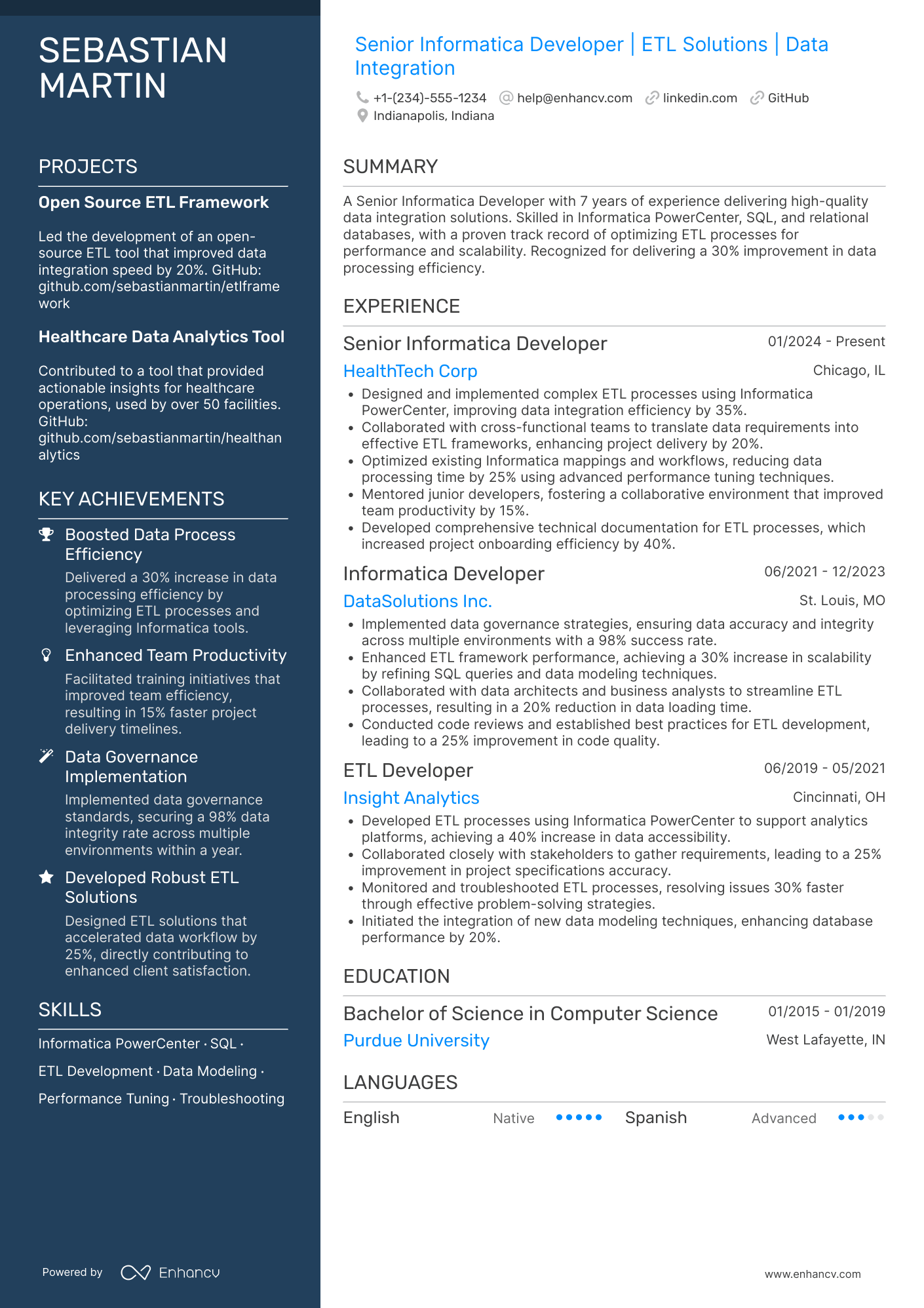 A resume example of a Senior Informatica Developer