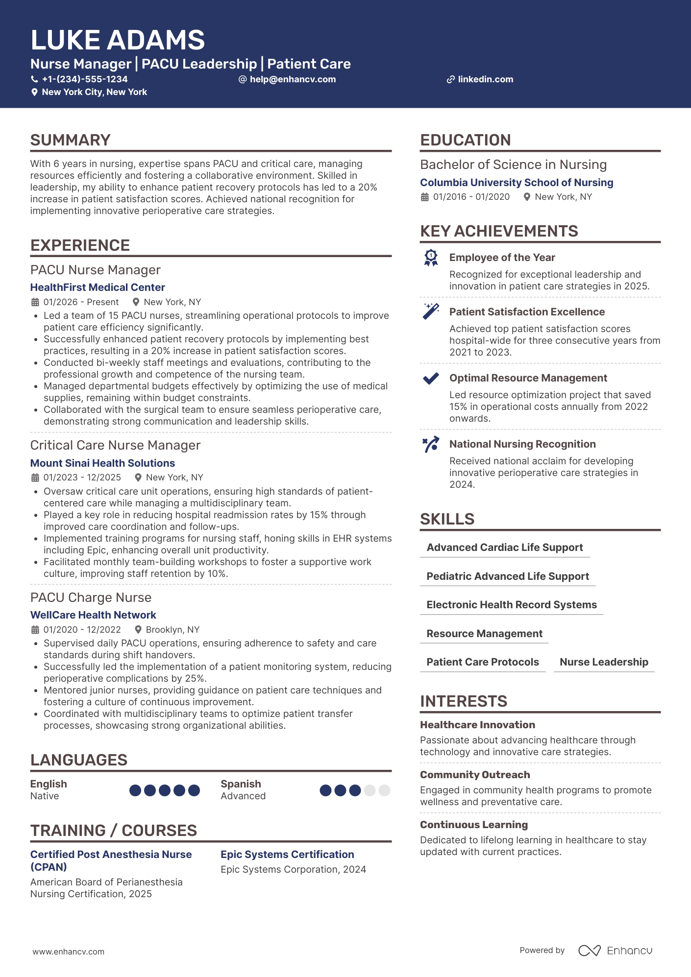 A resume example of a PACU Nurse Manager