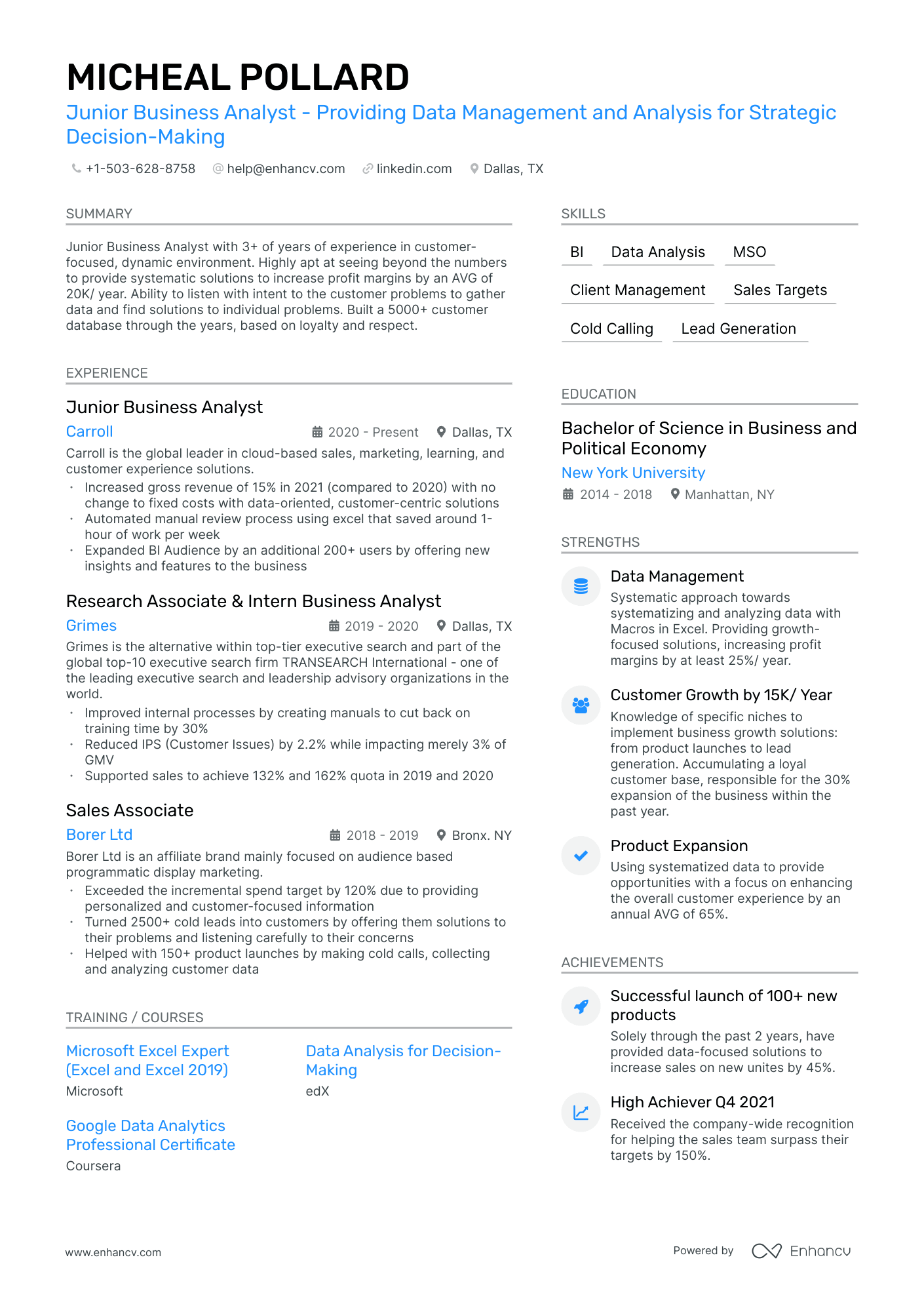A resume example of a Junior Business Analyst