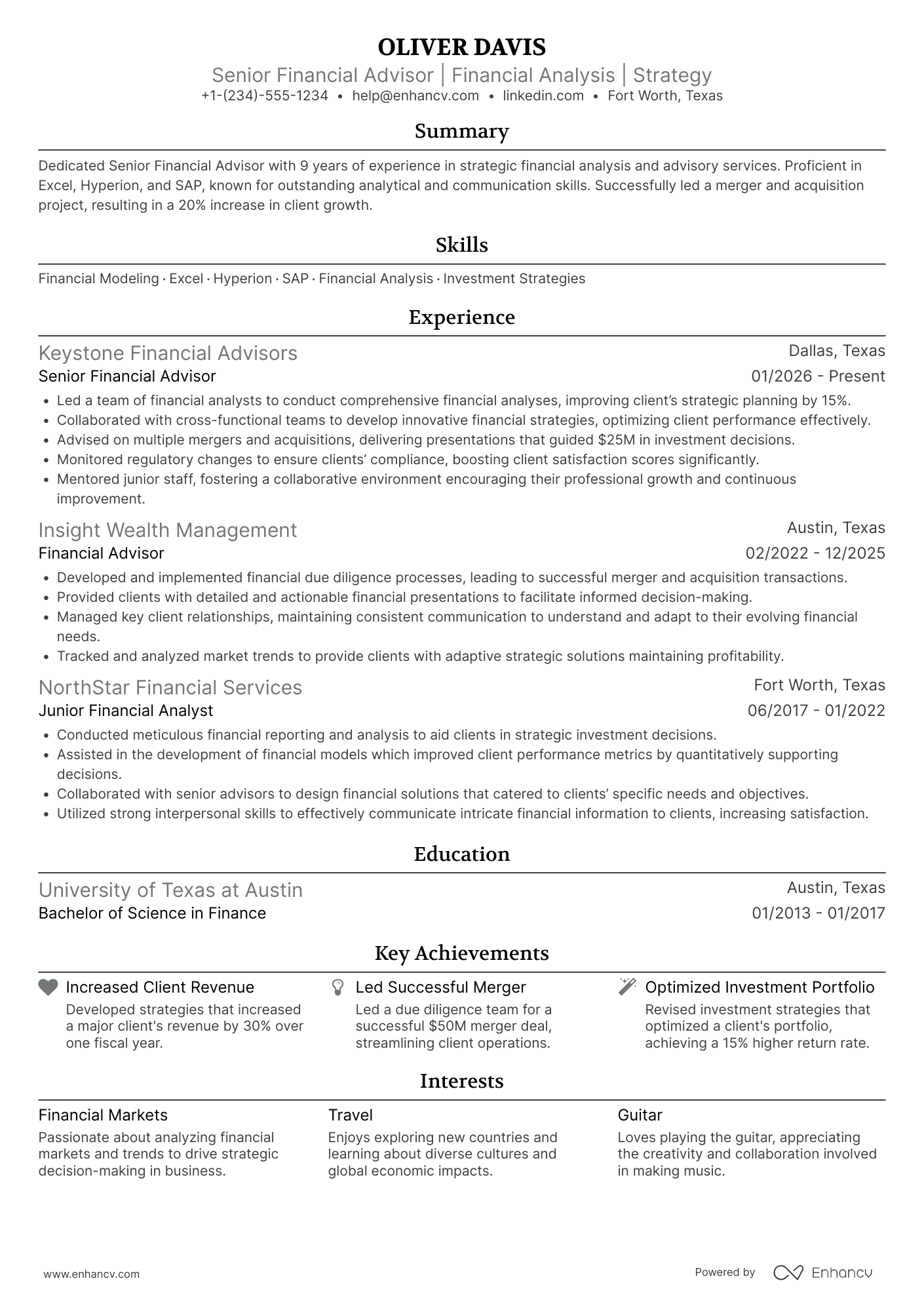 A resume example of a PwC Senior Financial Advisor