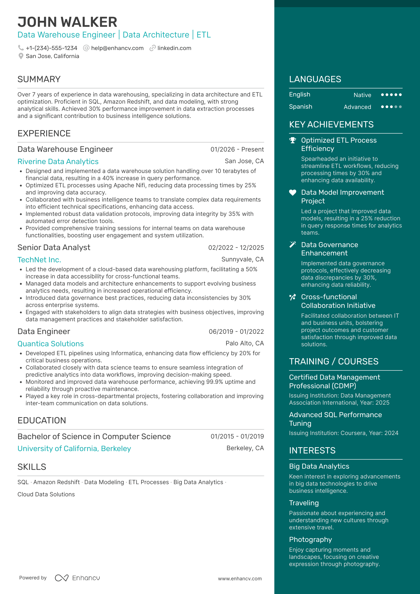 A resume example of a Data Warehouse Engineer