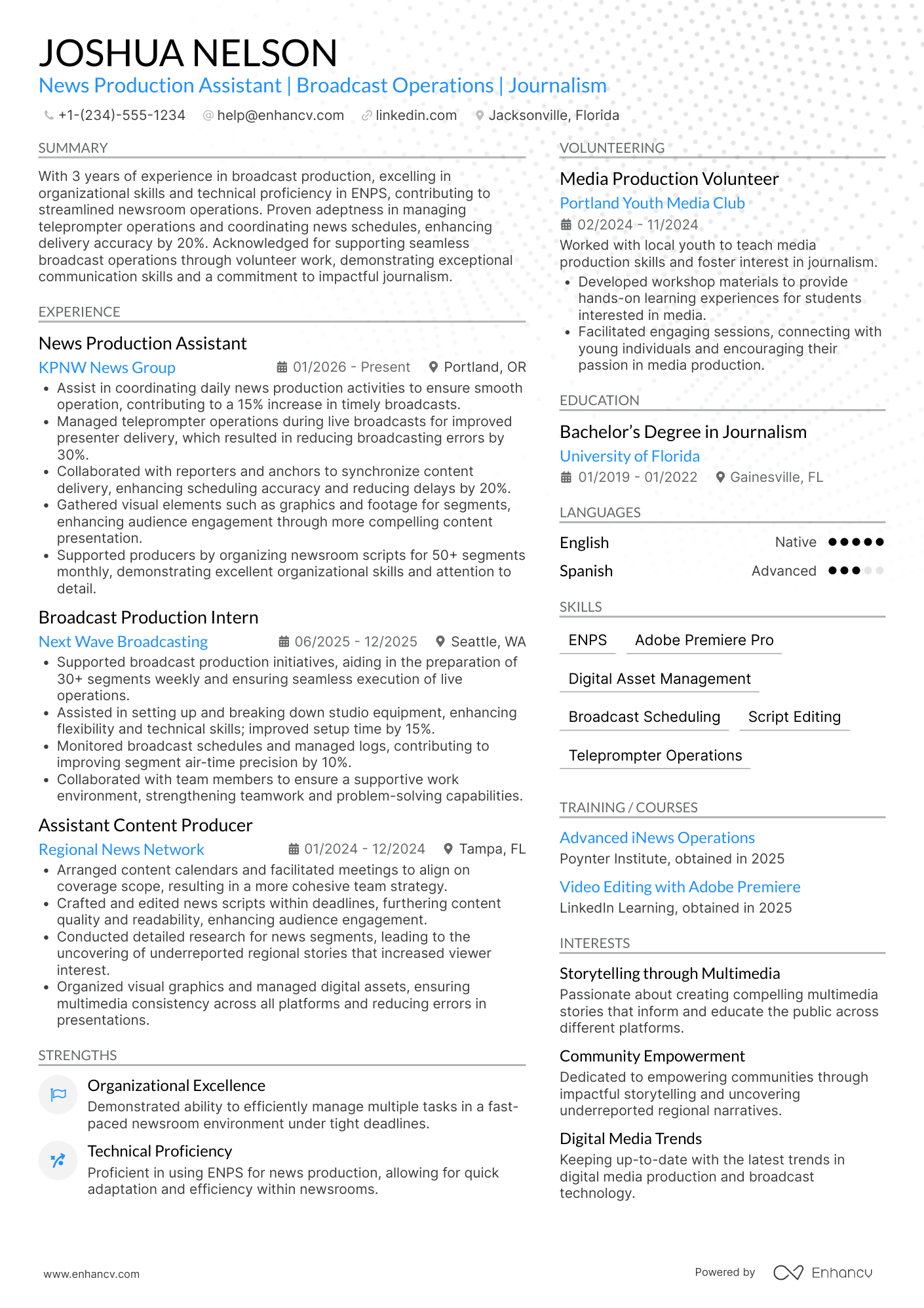 A resume example of a News Production Assistant