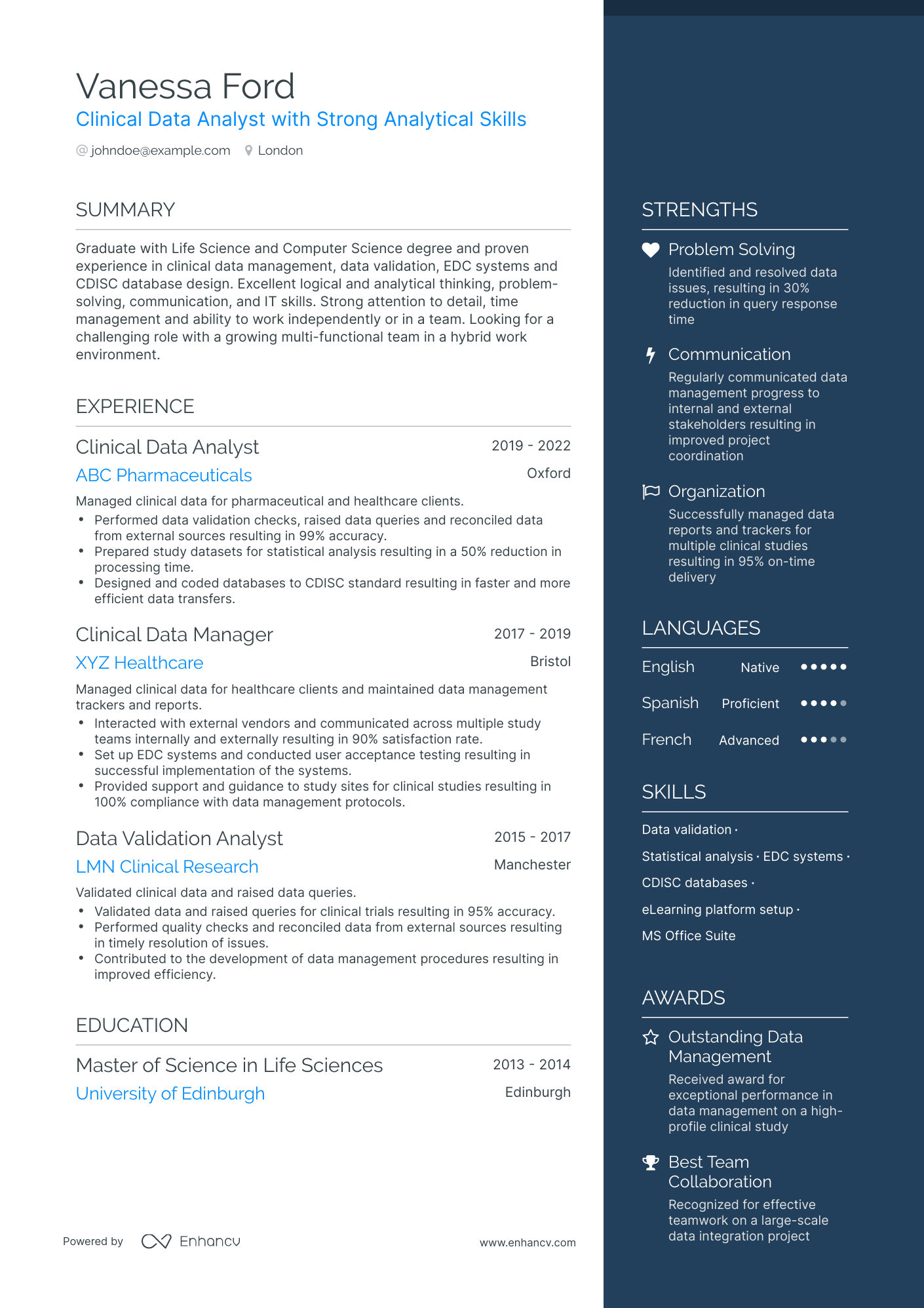 One Page Clinical Data Analyst Resume Template