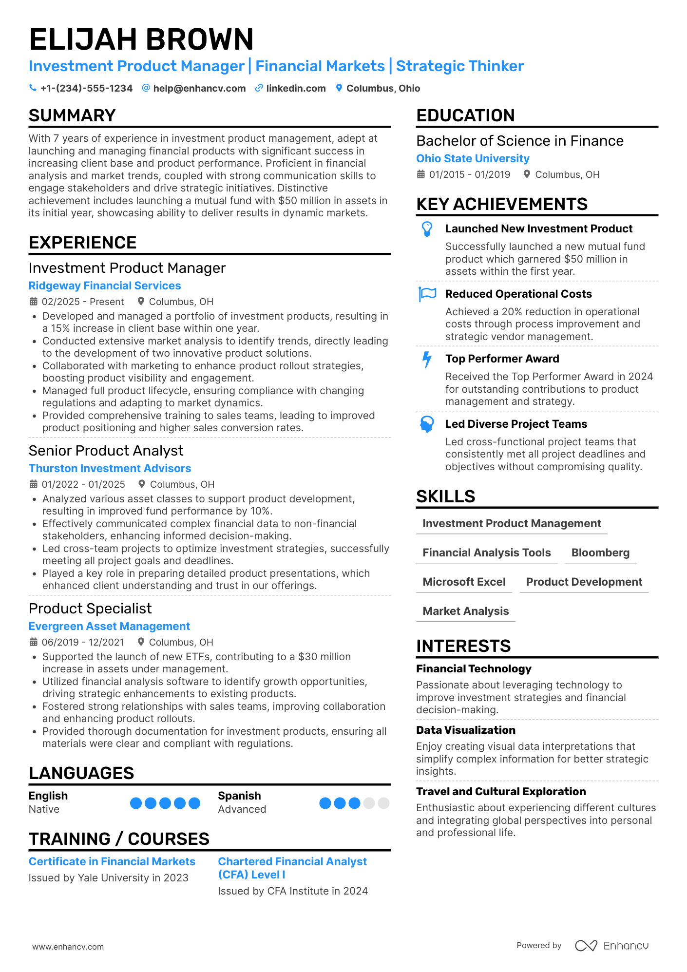 A resume example of a Investment Product Manager