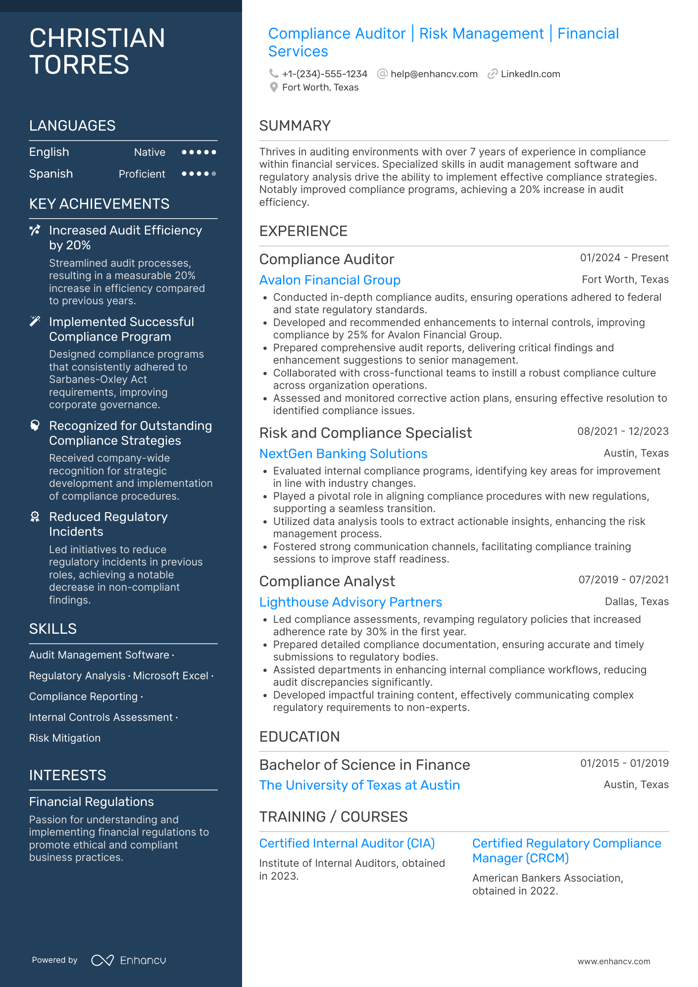 A resume example of a Compliance Auditor