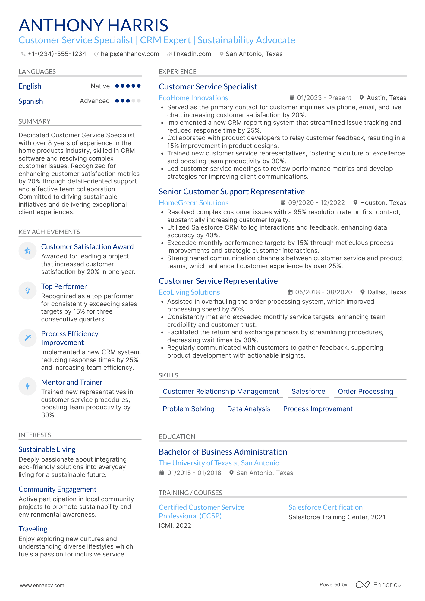 A resume example of a Customer Service Specialist