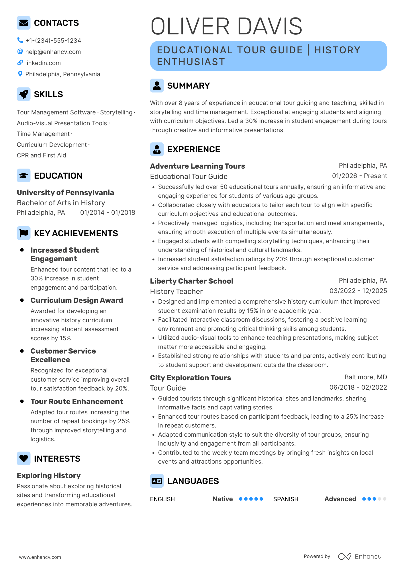 A resume example of a Educational Tour Guide