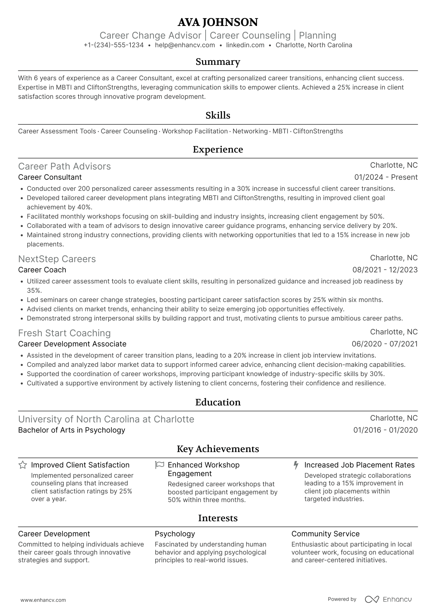A resume example of a Career Change Advisor