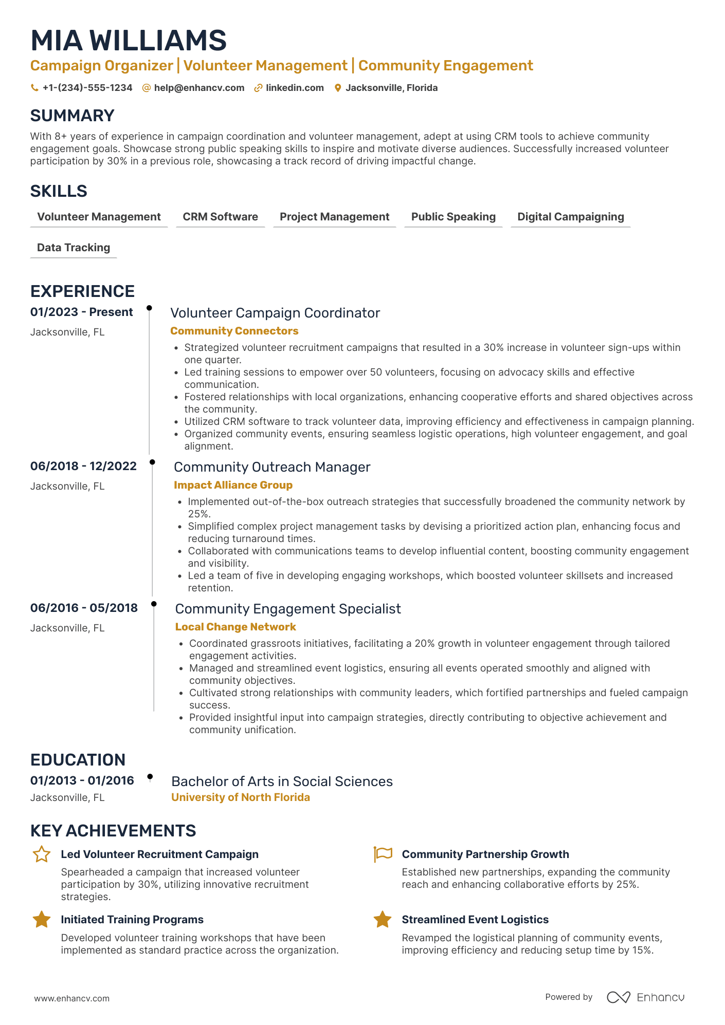A resume example of a Volunteer Campaign Organizer
