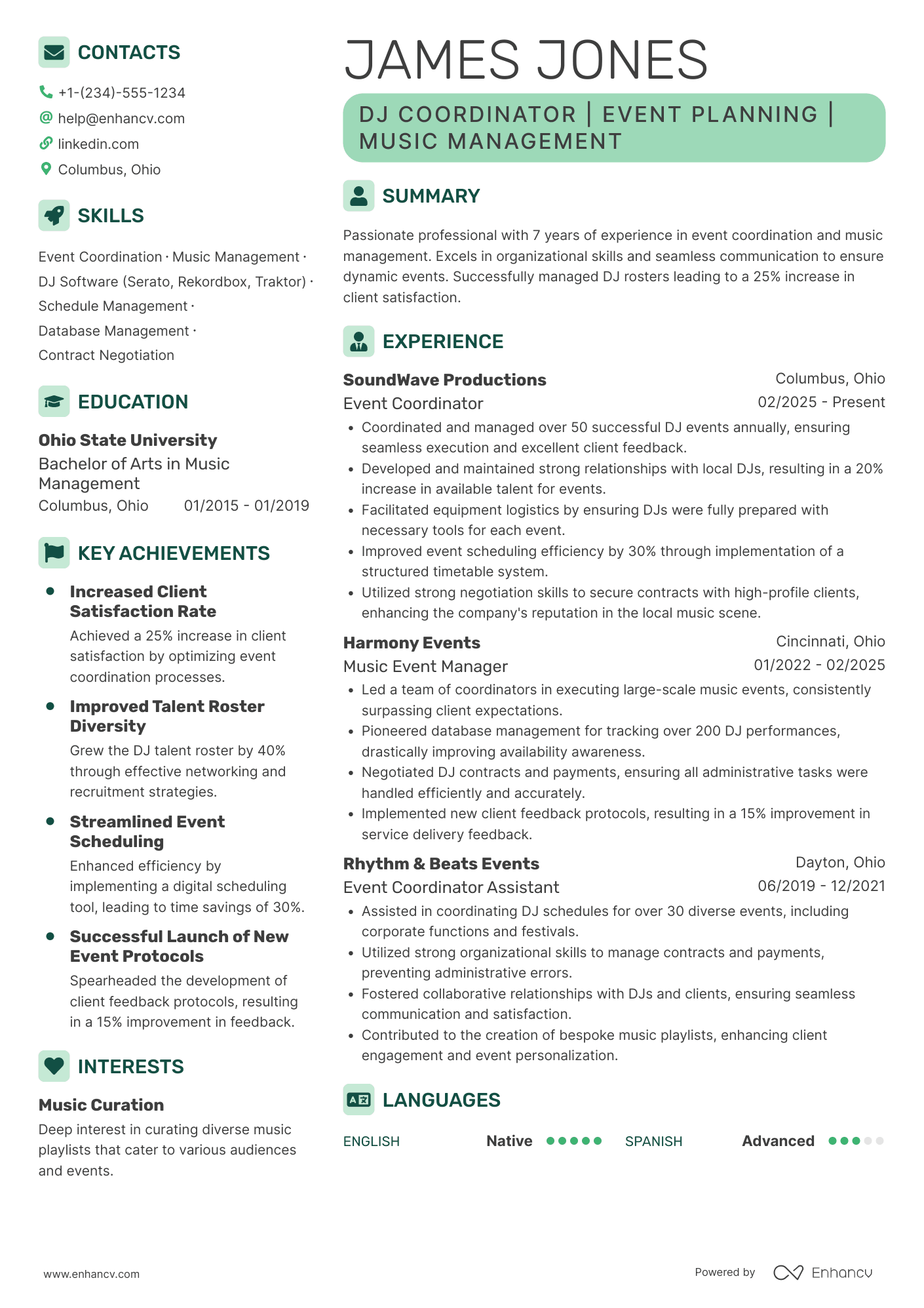 A resume example of a DJ Coordinator