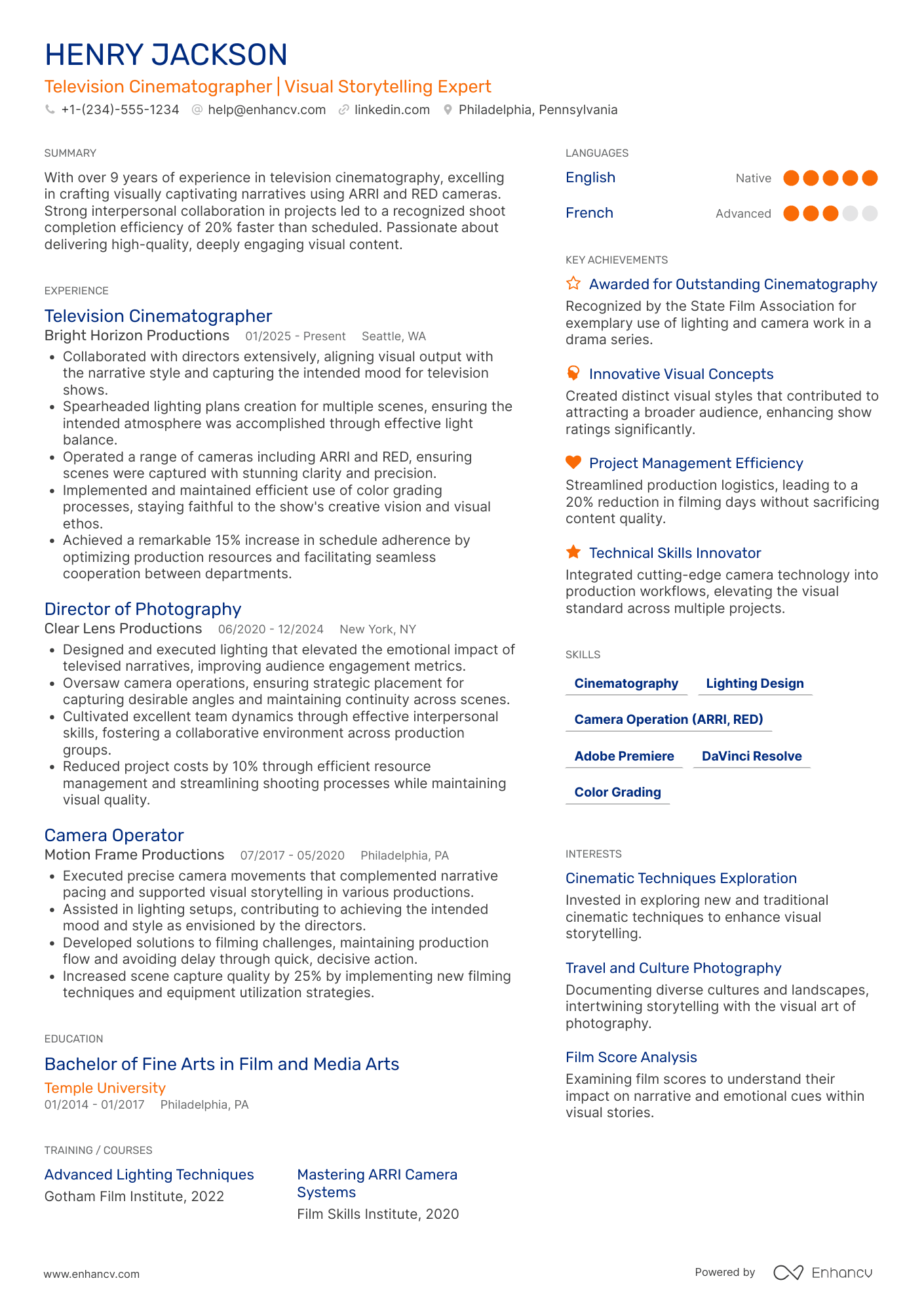 A resume example of a Television Cinematographer