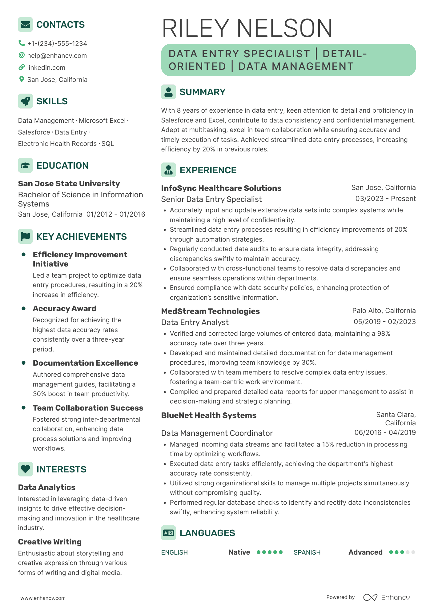 A resume example of a Data Entry Specialist