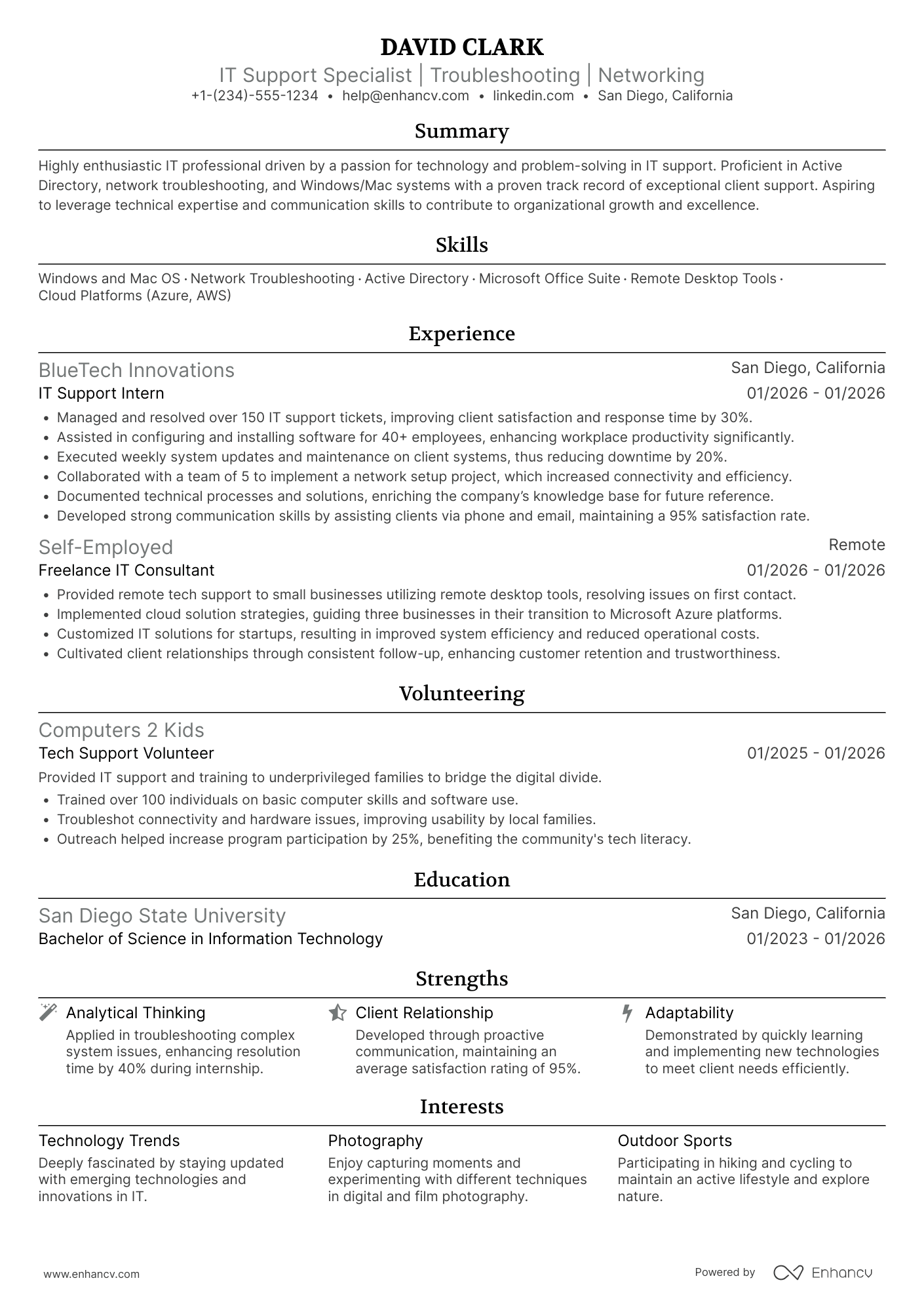 A resume example of a Entry Level IT Support Specialist