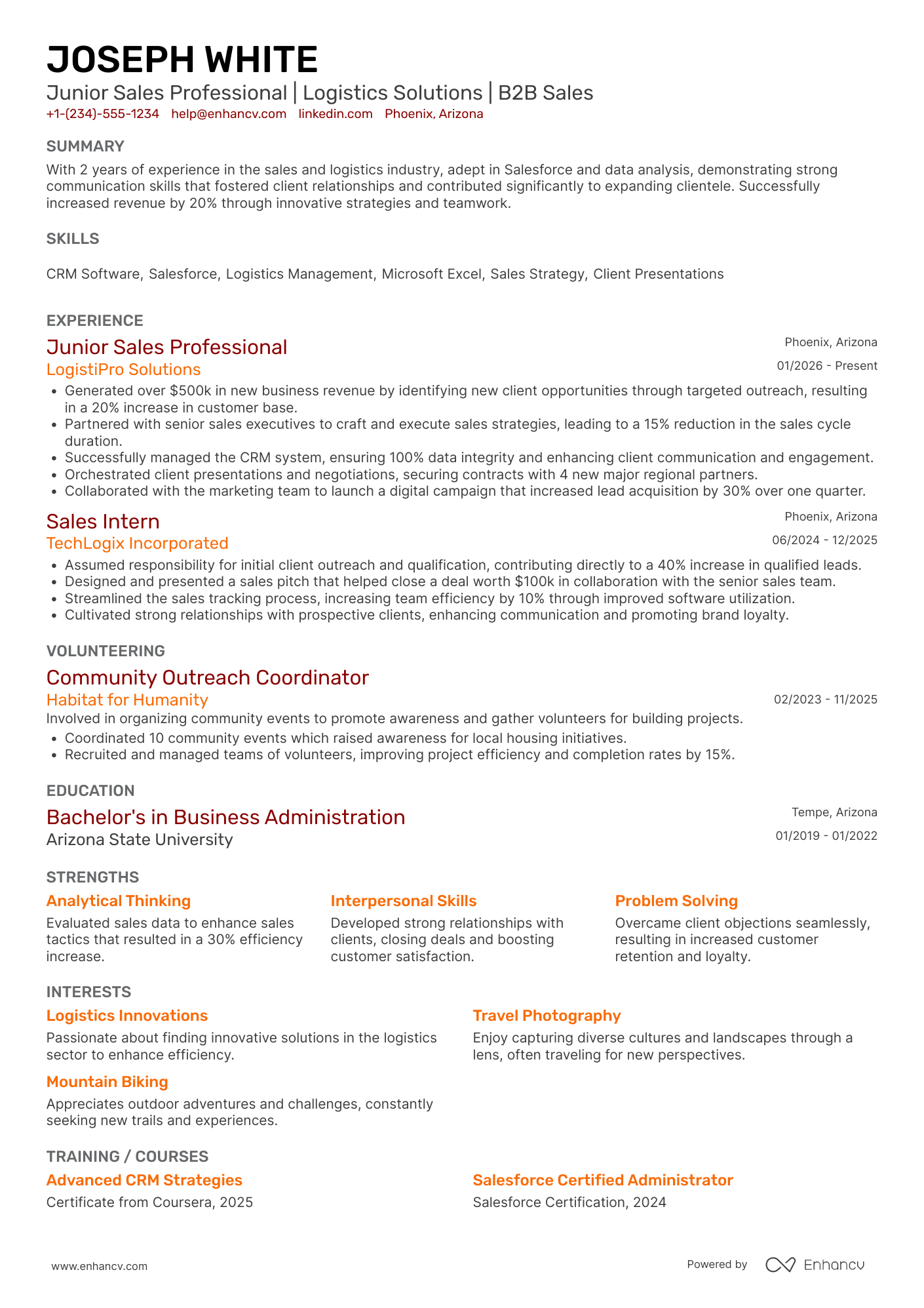 A resume example of a Junior Sales Professional