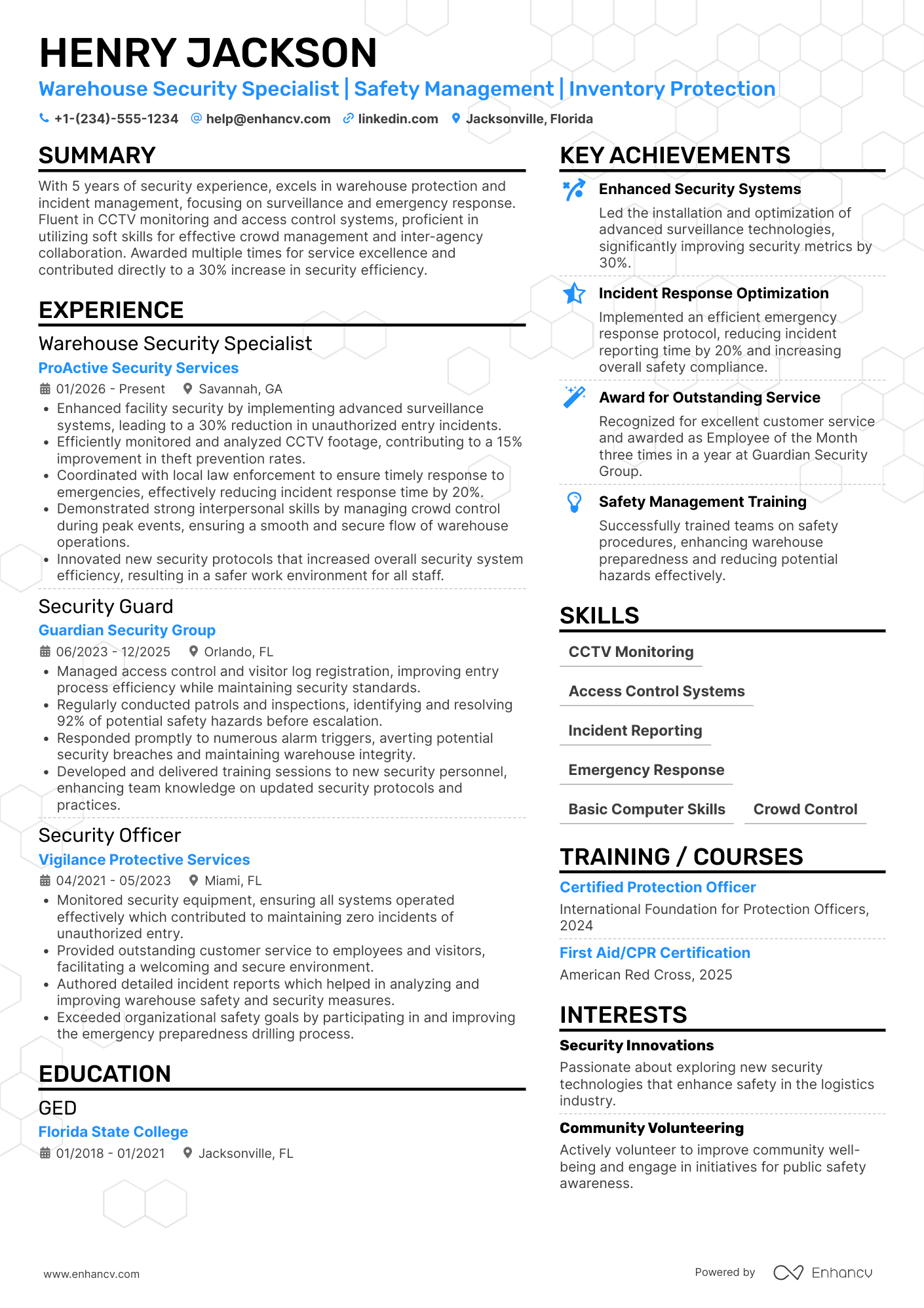 A resume example of a Warehouse Security Guard