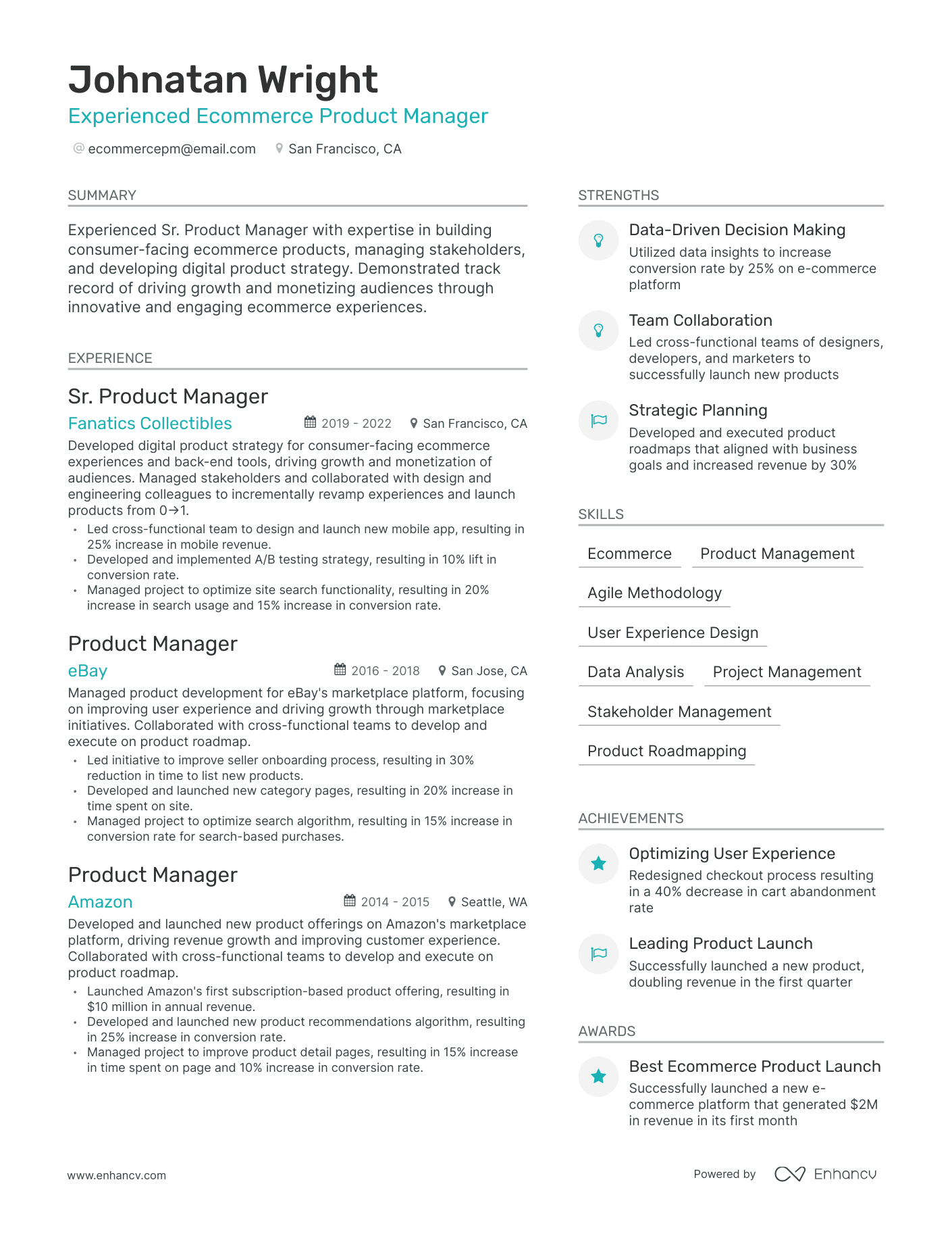 Modern Ecommerce Product Manager Resume Template