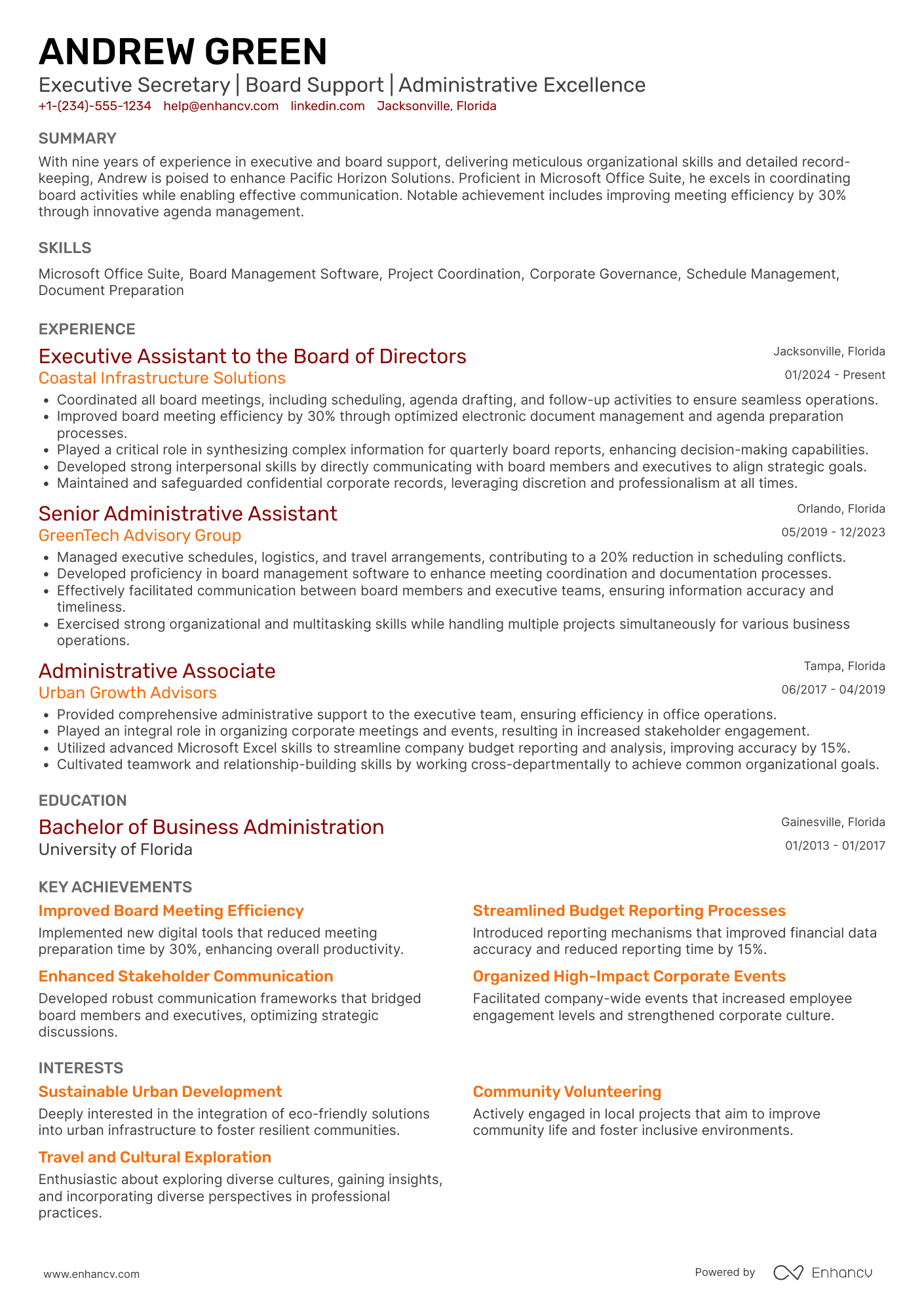 A resume example of a Secretary to the Board