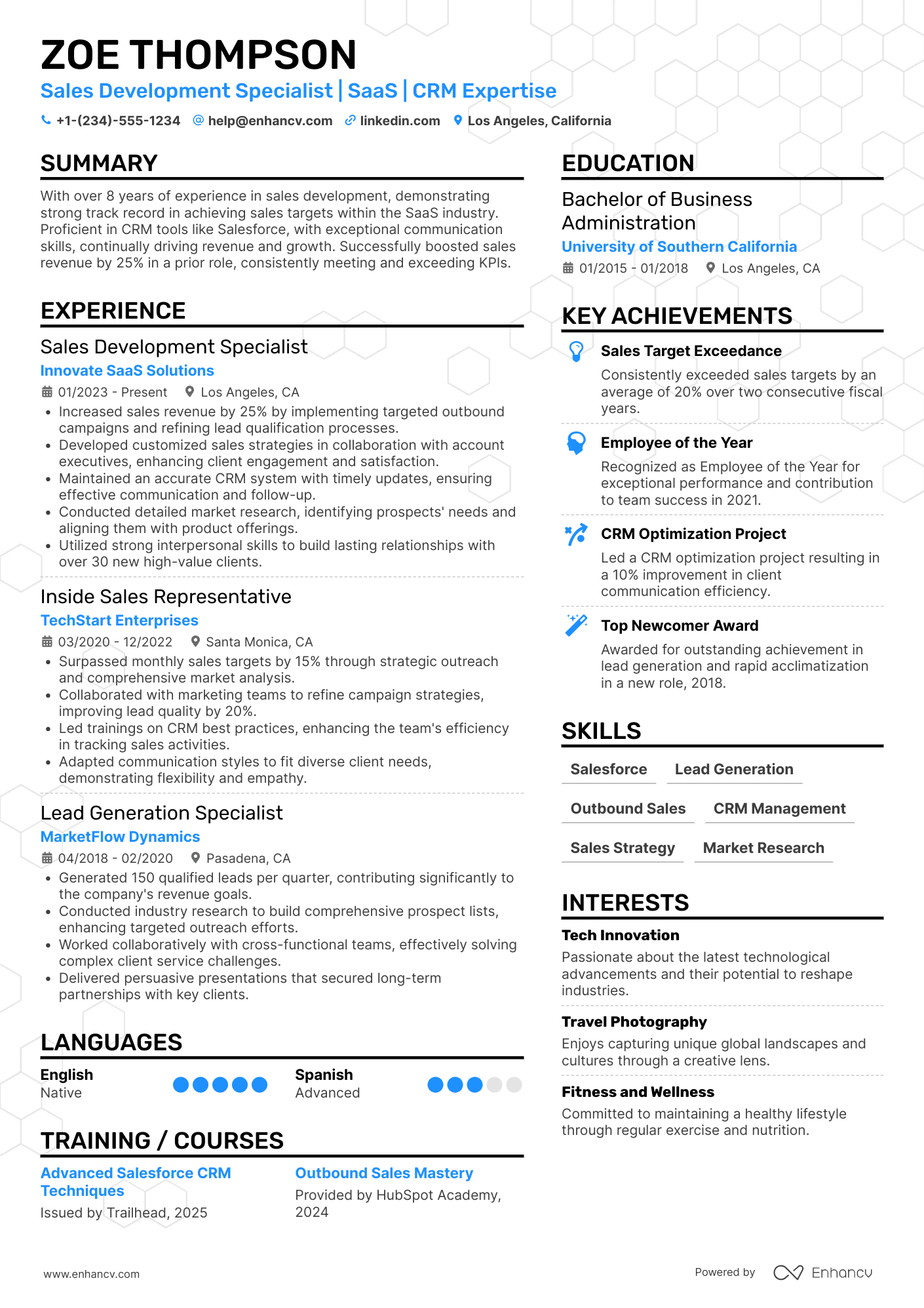 A resume example of a Inside Sales Development Representative
