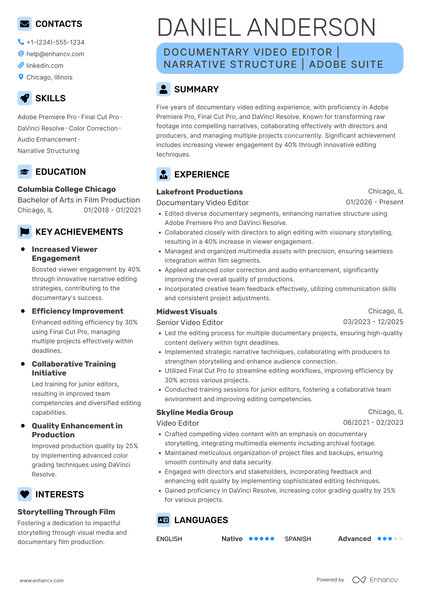 A resume example of a Documentary Video Editor
