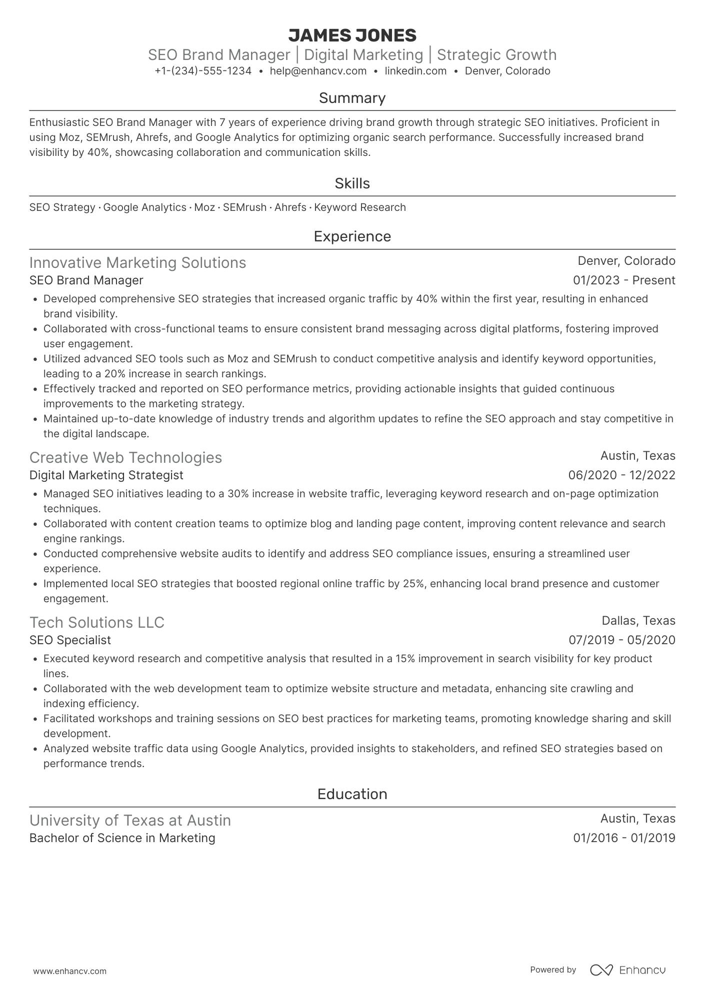 A resume example of a SEO Brand Manager