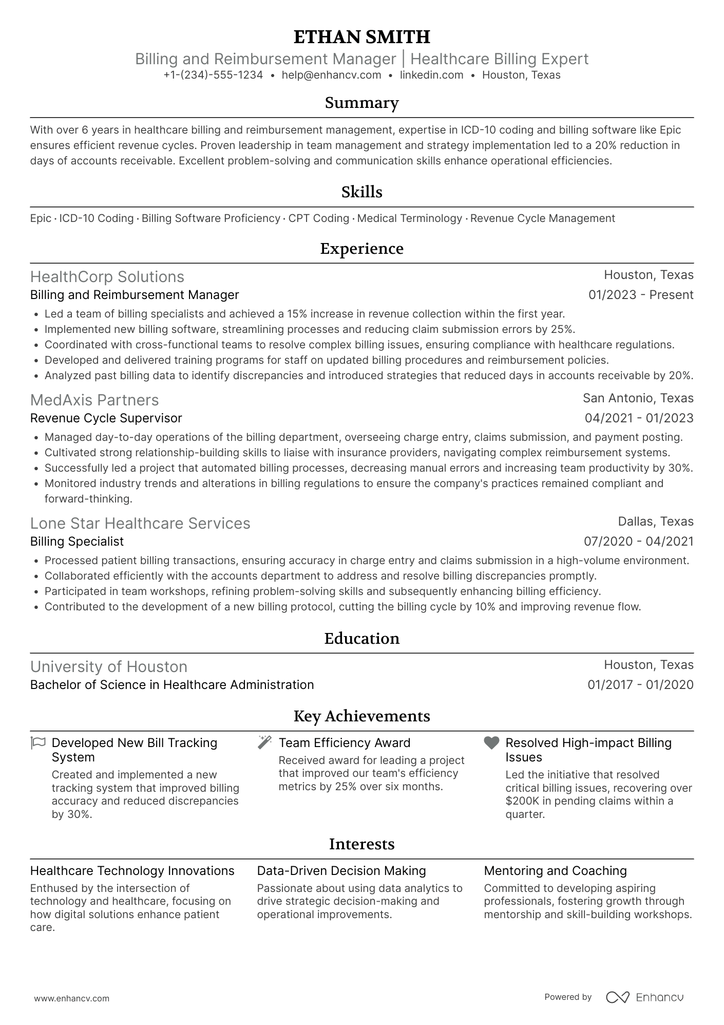 A resume example of a Billing and Reimbursement Manager