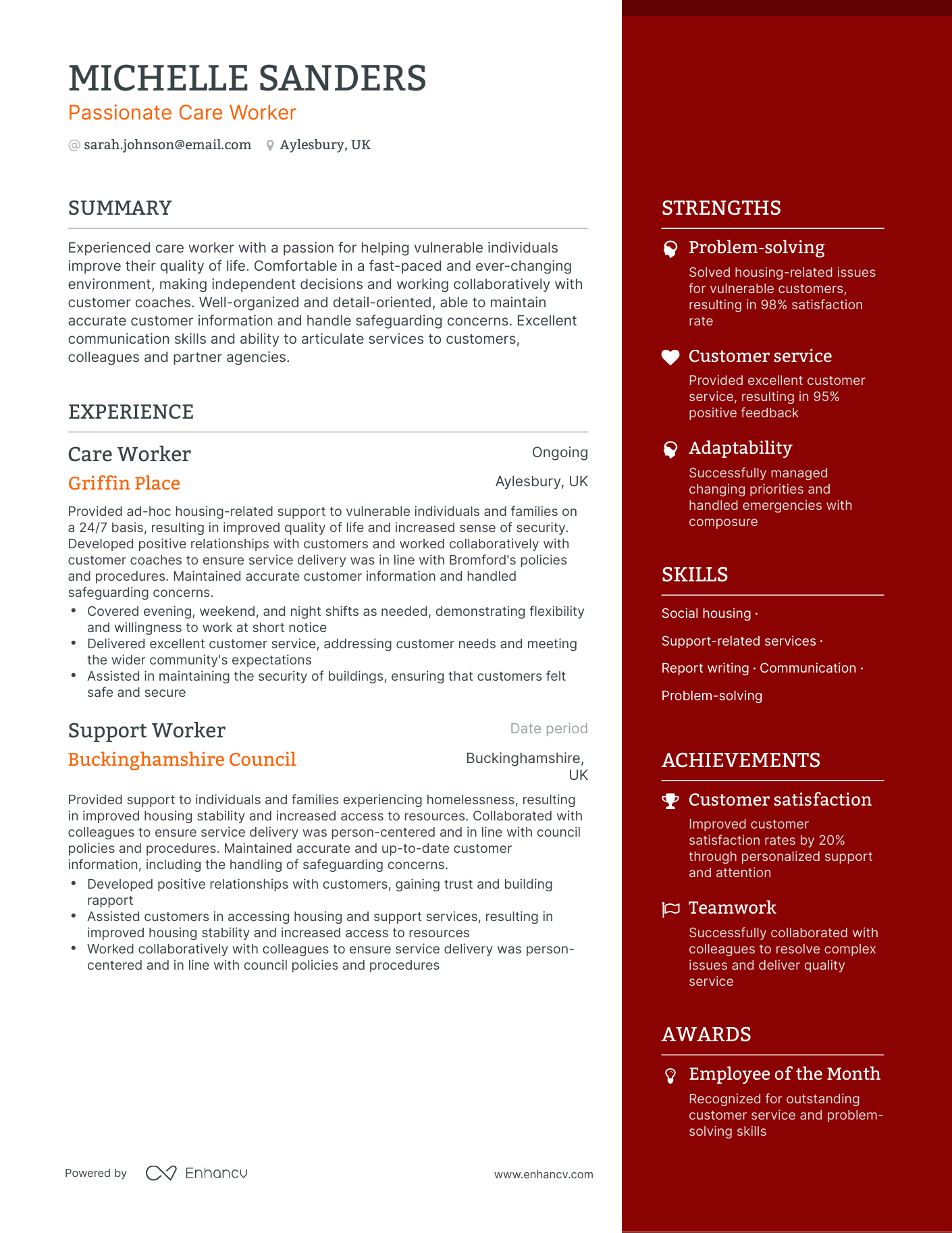 One Page Care Worker Resume Template