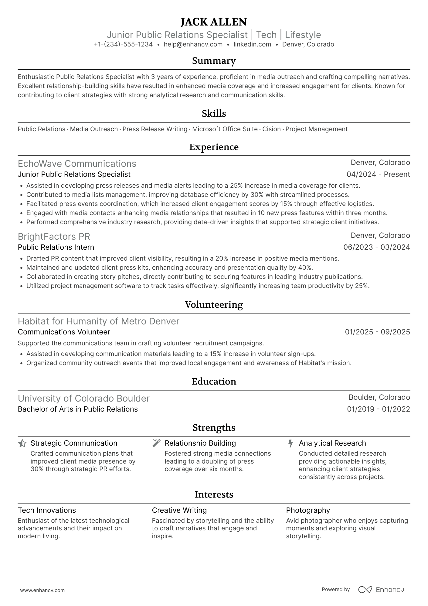 A resume example of a Junior Public Relations Specialist