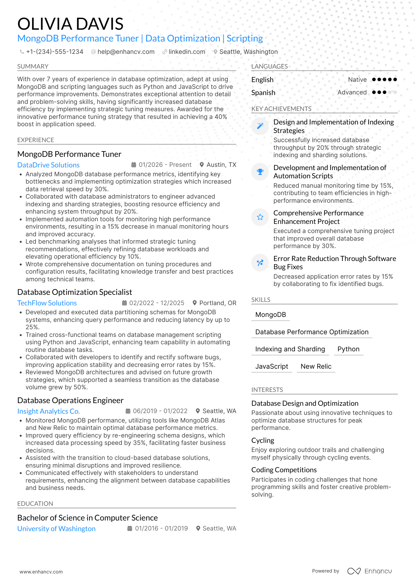 A resume example of a MongoDB Performance Tuner