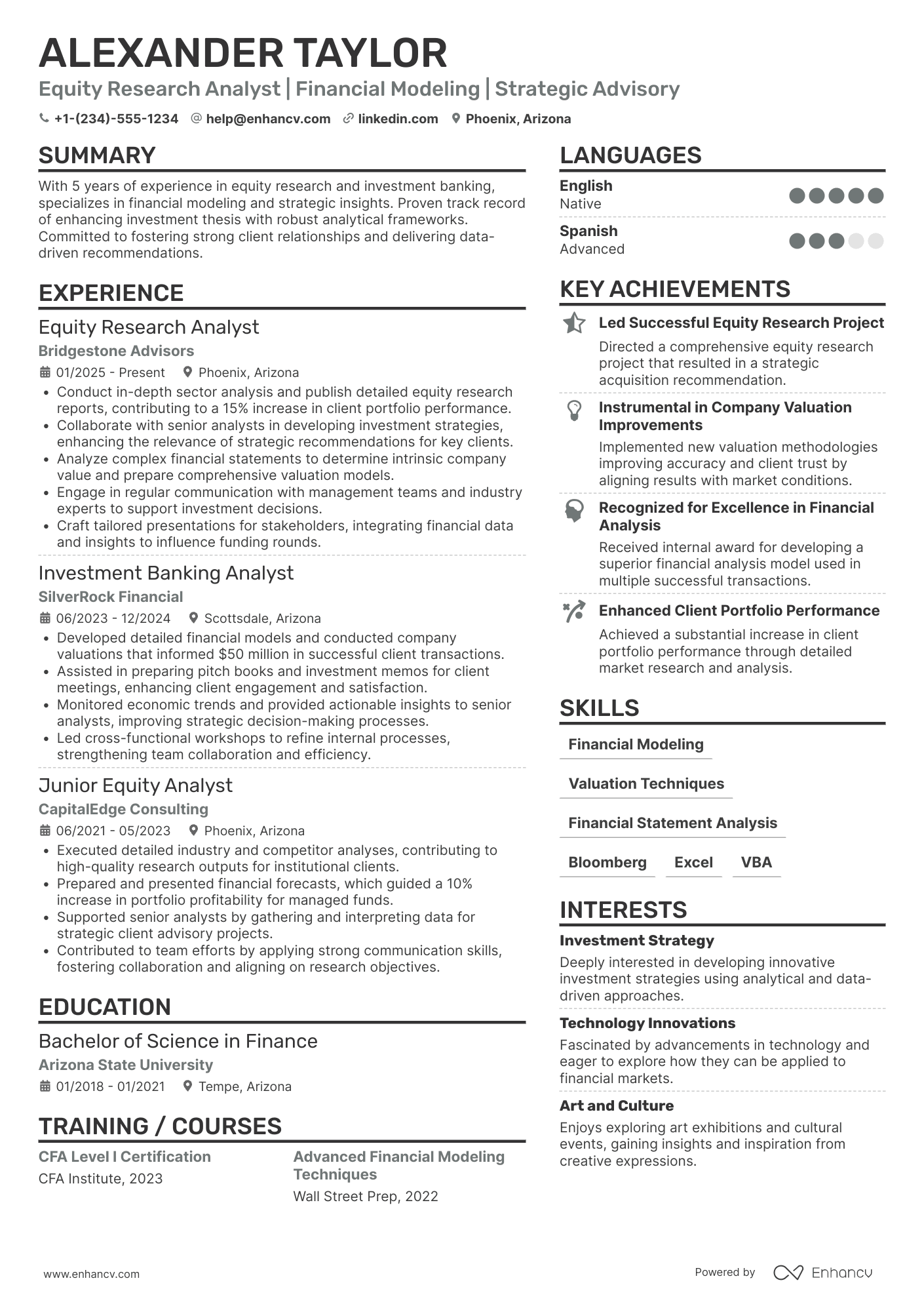 A resume example of a Investment Banking Equity Research Analyst