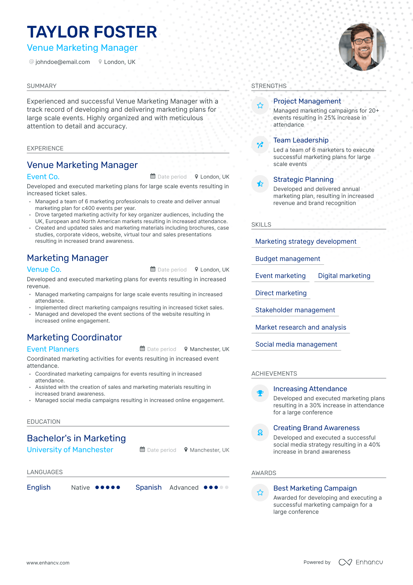 Modern Venue Manager Resume Template