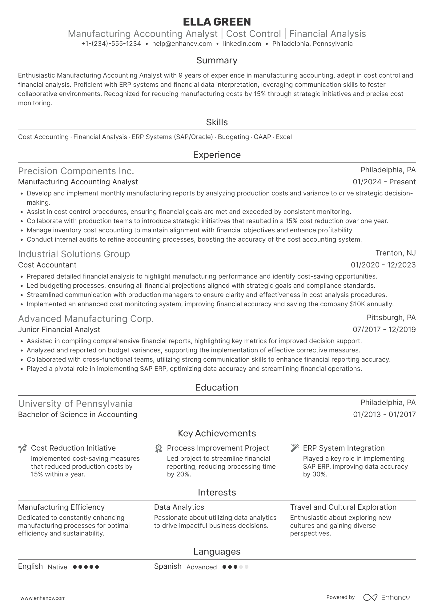 A resume example of a Manufacturing Accounting Analyst