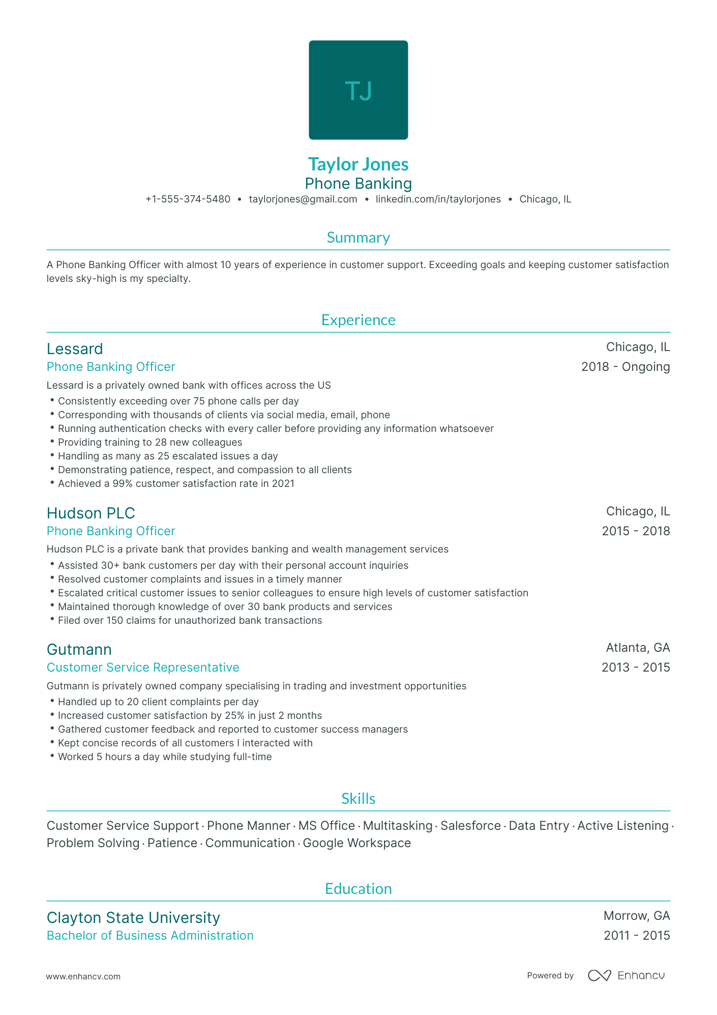 Traditional Phone Banking Resume Template