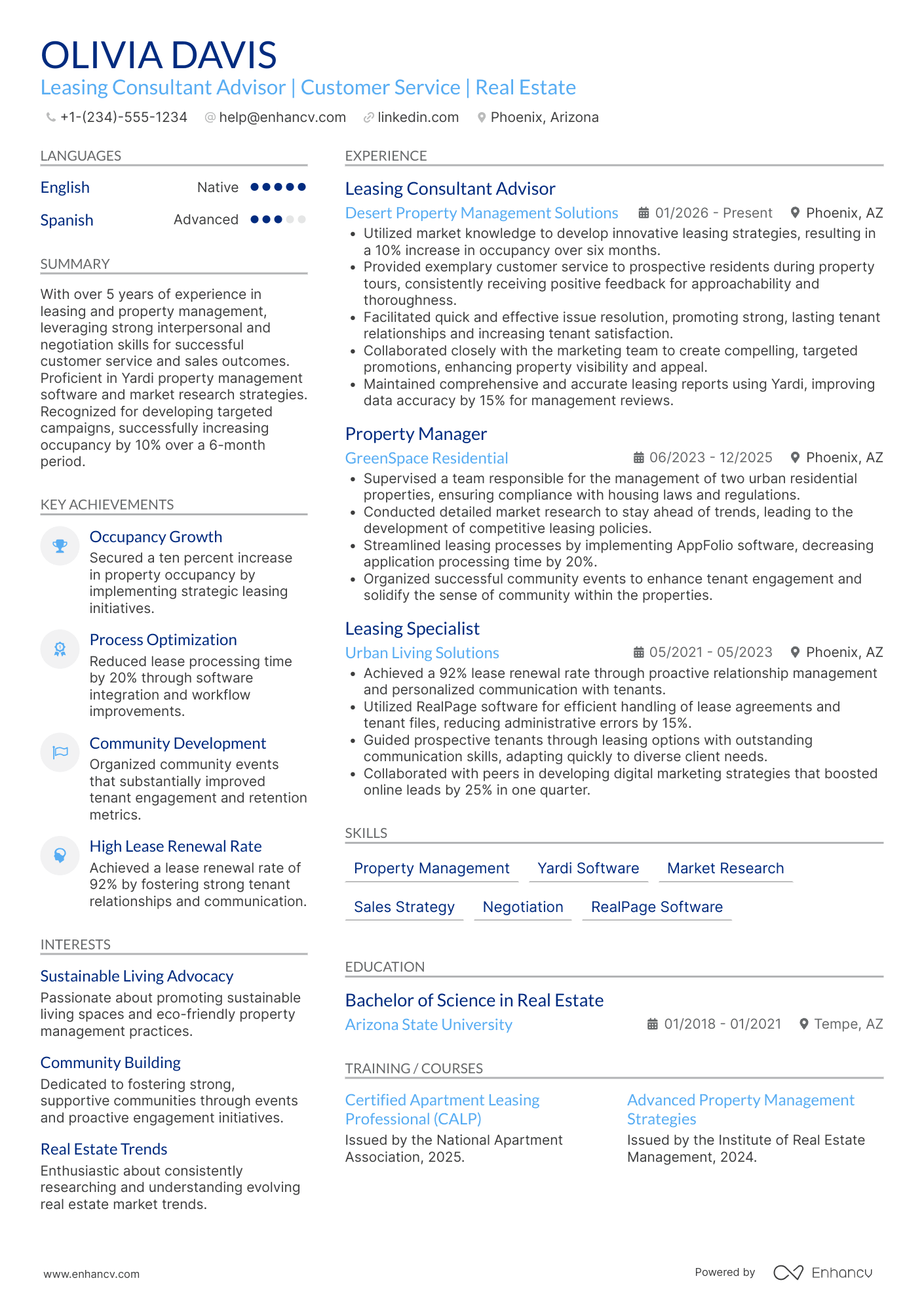 A resume example of a Leasing Consultant Advisor