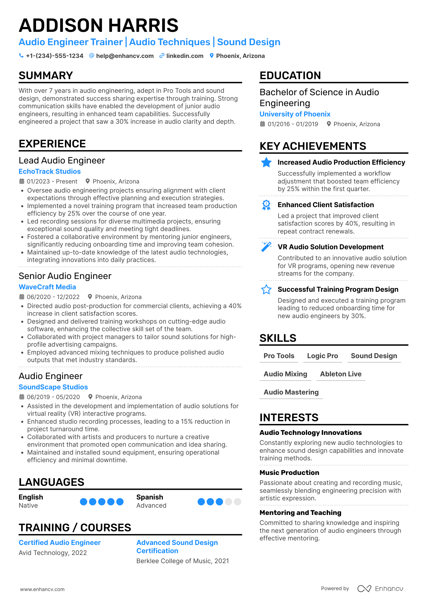 A resume example of a Audio Engineer Trainer